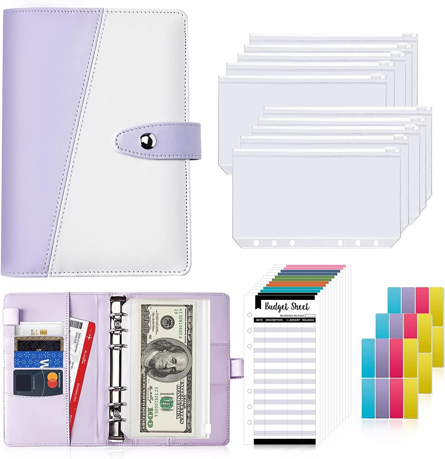 Budget Binder with Cash Envelopes for Budgeting, A6 Size, 12Pcs Budget Planner, Zipper Envelopes (Purple-White) image number 2