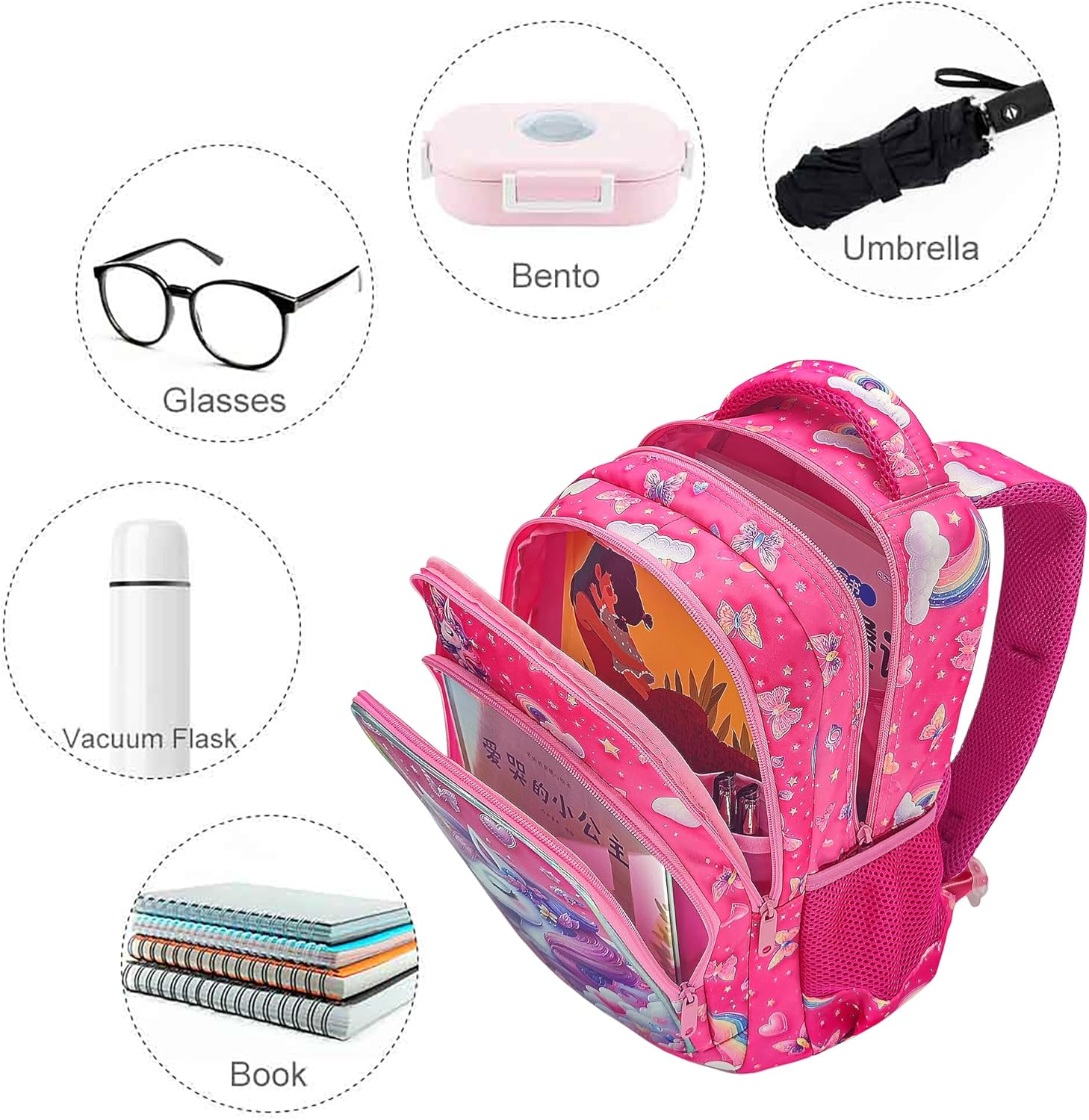 Usmikeys Pink Unicorn Girls Backpack Cute Kids School Bag for Elementary Toddler Kindergarten Preschool, Children'S Bookbag Travel Back Pack with Chest Strap 15", Mochilas Escolares Para Ni&ntilde;as image number 5