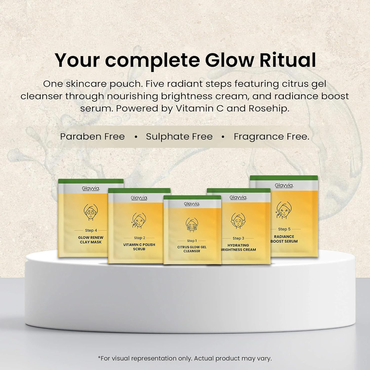 Glayvia Vitamin C Skincare Routine Kit &ndash; 5-Step Single-Use Brightening Routine | Vitamin C + Rosehip + Vitamin E | Fragrance Free, Suplhates Free & Parabens Free | 20-Minute At-Home Facial image number 1