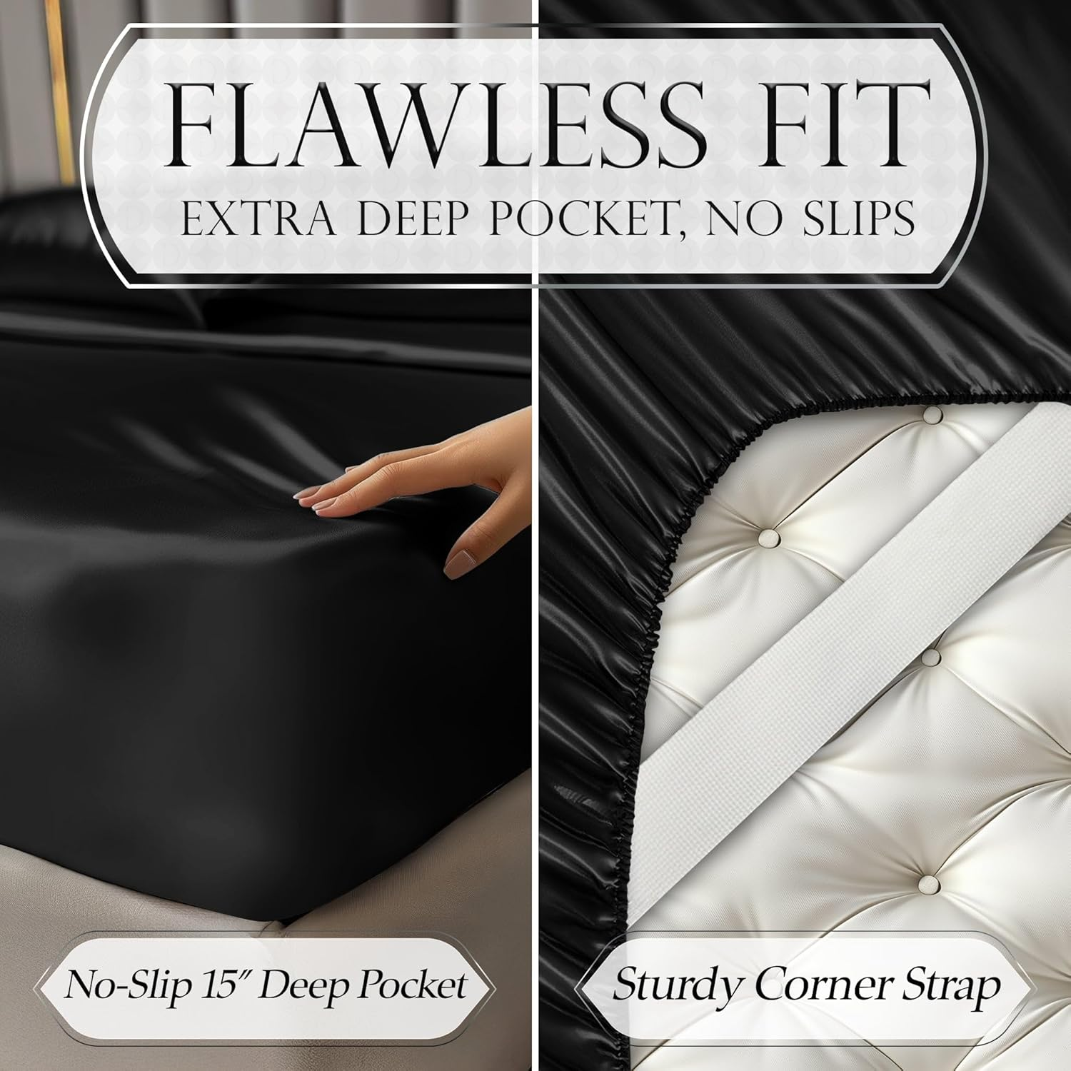 DECOLURE Satin Sheets, Silky Satin Sheet Set, Satin Bed Sheets Queen Set, (Queen Size) Black image number 5