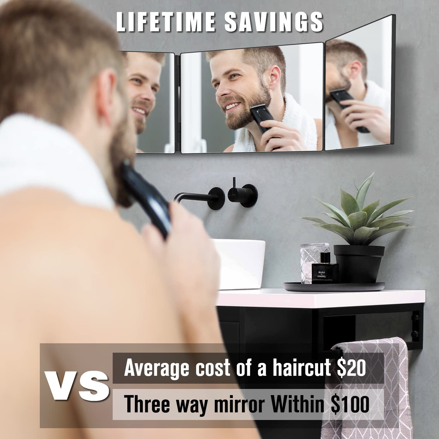 3 Way Makeup Mirror with 10X Magnified Mirror, Trifold 3 Way 360 Mirror for Cutting Hair | 3 Mirror Selfcut System- Portable DIY Haircut Tool (Black) image number 2