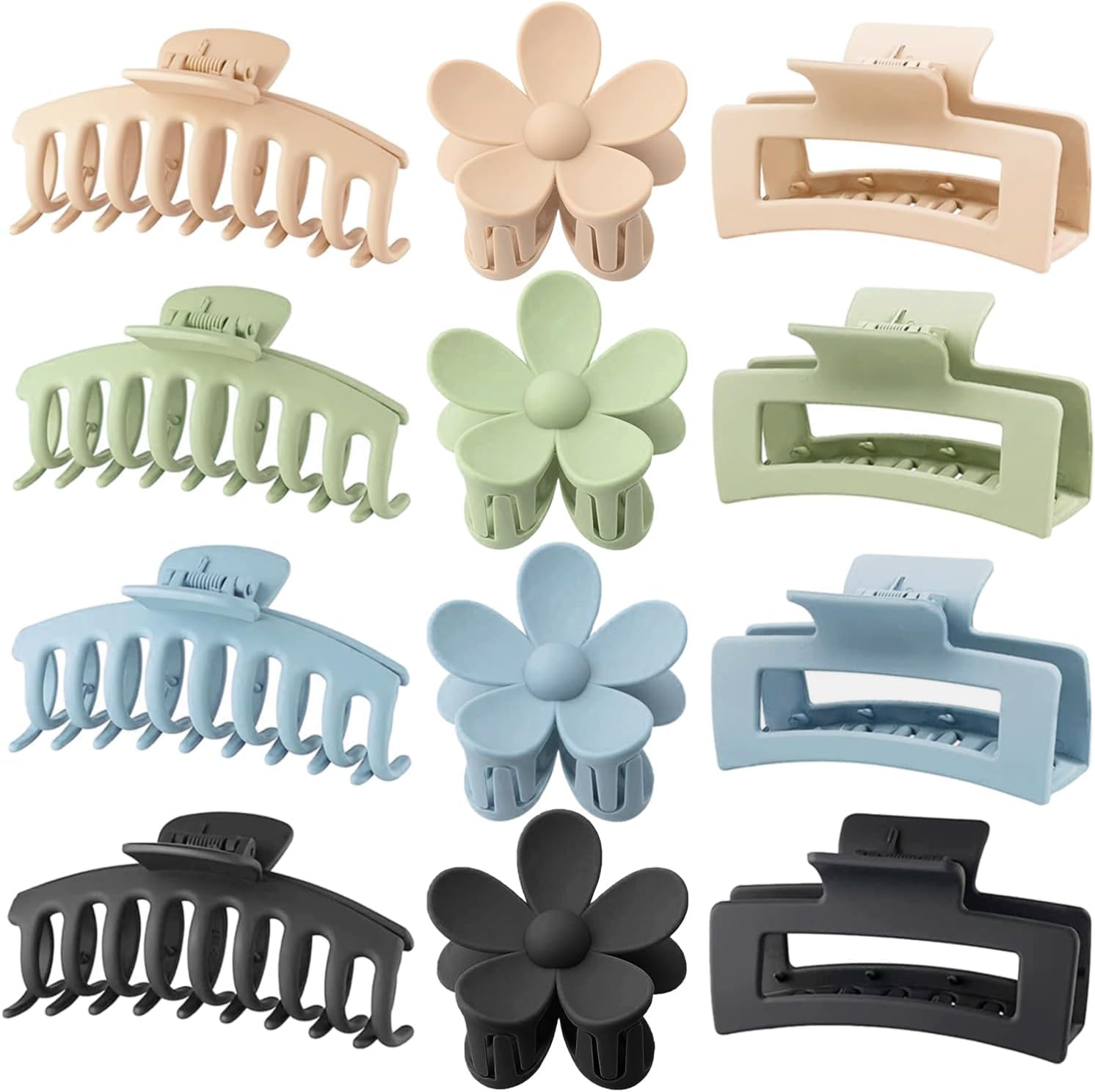 Large Hair Clips 12 Pieces Flower Hair Clips for Thick Hair Large Hair Clips Cute Hair Clips 3 Styles Hair Clips for Thin Hair Women (Khaki, Green, Blue, Black) image number 4