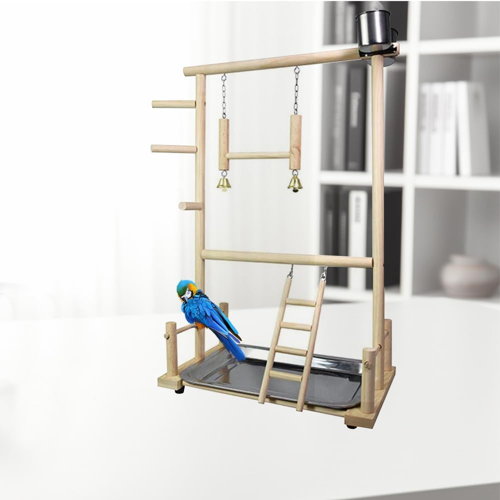 Bird Playground Parrot with Feeding Cup, Natural and Safe Wooden Swing Climbing Ladder, Stainless Steel Basin Parrot for Home Room Desktop image number 4