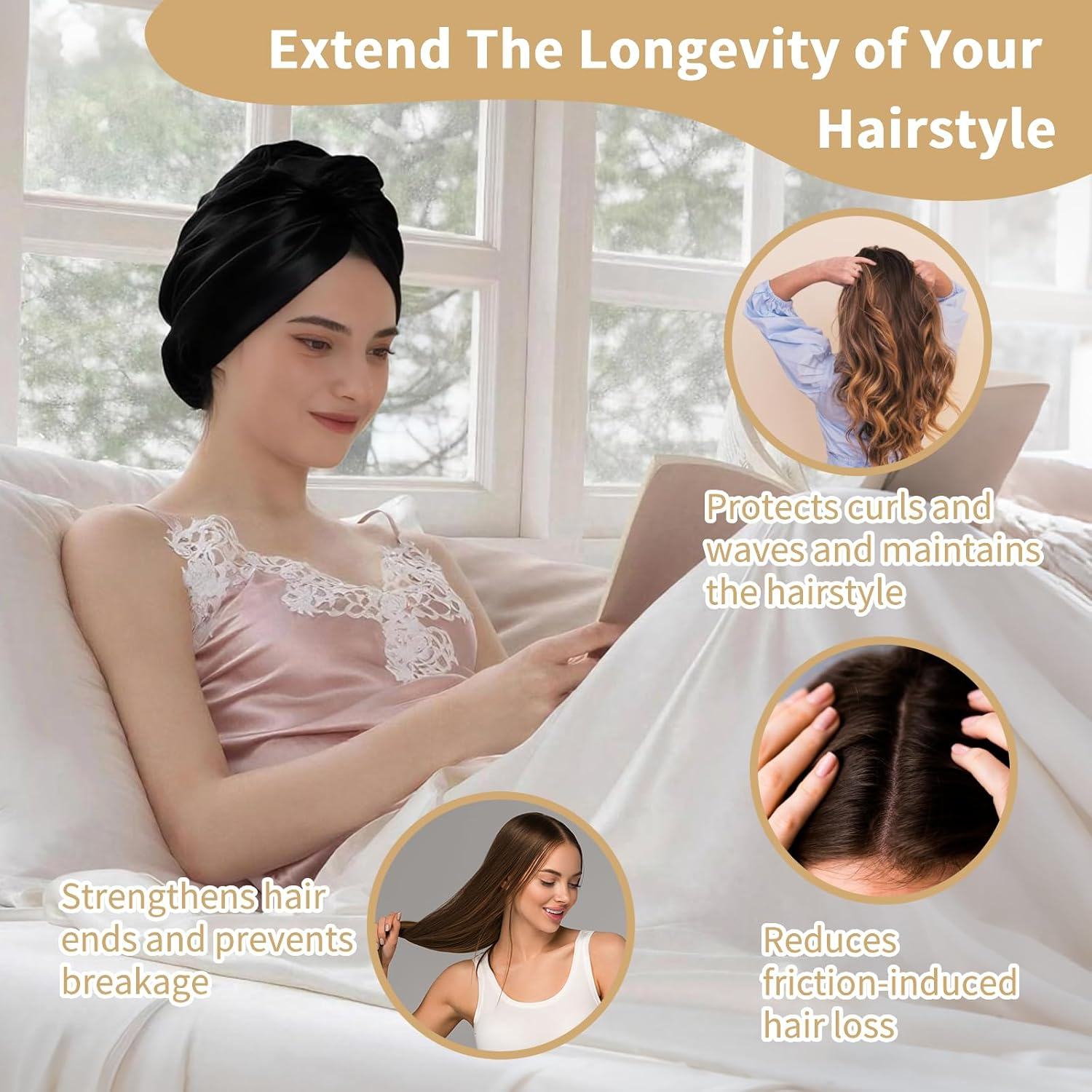 Silk Hood for Sleeping - Sleep Cap Silk for Hair Overnight Healthy, Preserves Curl Shape, Prevents Frizz & Hair Breakage, Silk Bonnet Silk for Women with All Hair Types (Black) Kaempe image number 6