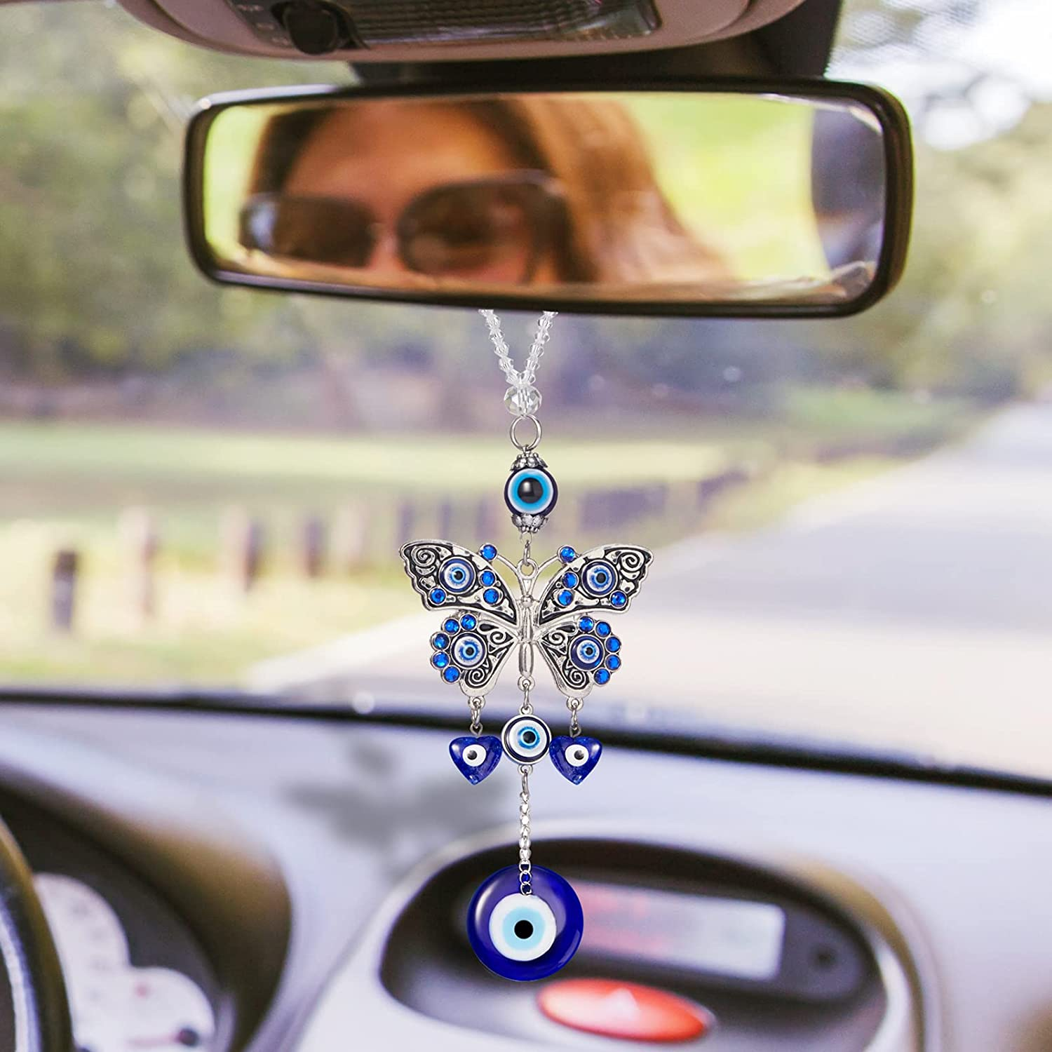 Evil Eye Car Hanging Ornament Evil Blue Eye Charms for Rear View Mirror Beaded Decor Car Accessories Pendent for Window Door Frame Balcony - Blue image number 2