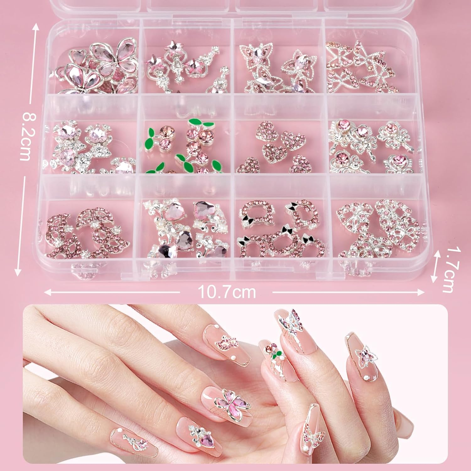 Madenia 60Pcs 3D Nail Art Rhinestone: 12 Silver Alloy Pink Nail Gems in Nail Art Decoration Supplies- Suitable for Women'S Nail Charm DIY in Nail Salon image number 3