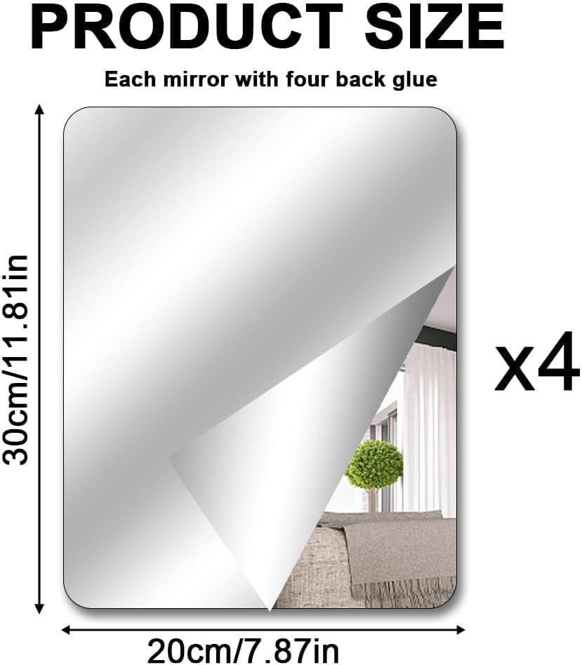 Homiliky 4 Pack Self Adhesive Mirror Stick on Mirror 30X20Cm Acrylic Mirror School Mirrors Flexible Mirror Sheets Mirror Stickers for Wall School Home Livingroom Bathroom Bedroom Decor image number 3