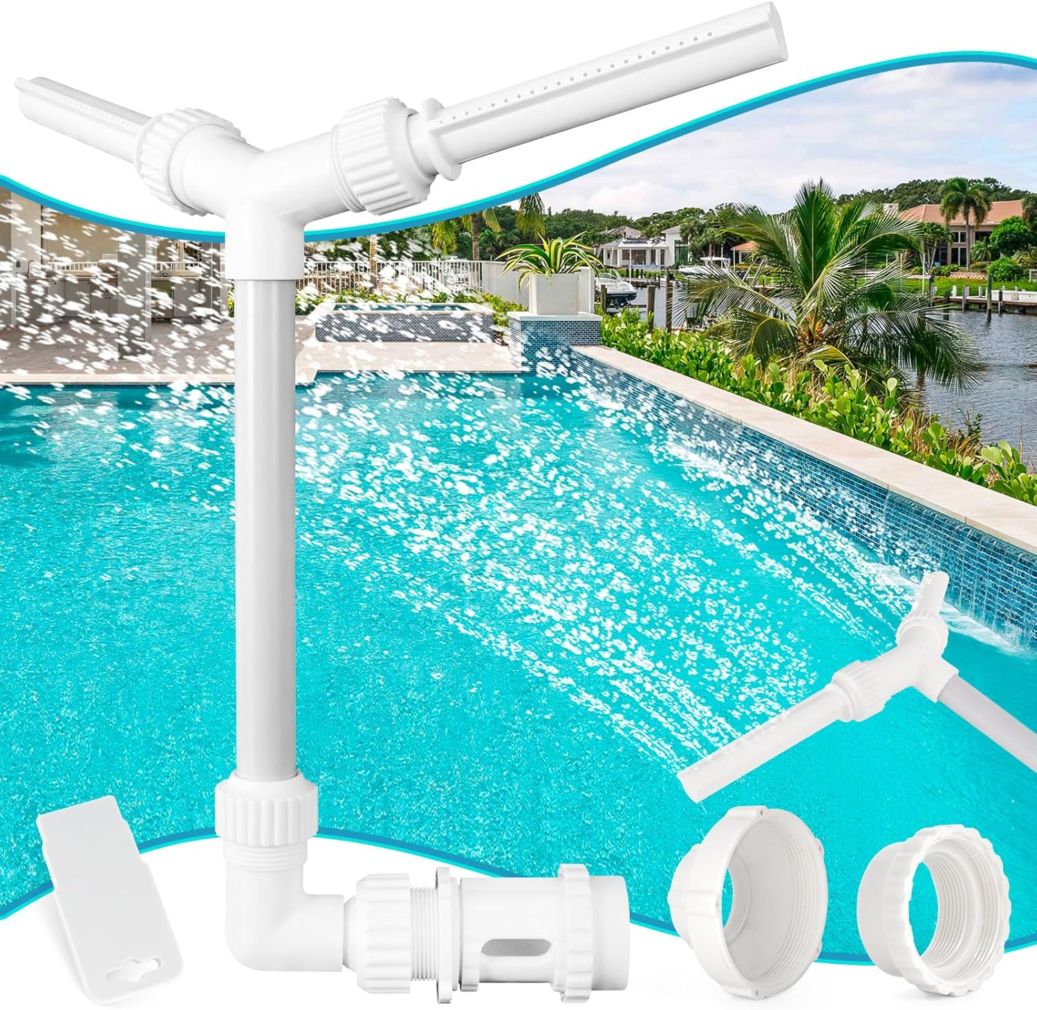 Pool Fountain for Swimming Pool, Waterfall Fountain Spray, 2 Fountain Heads, Adjustable Water Sprinklers for above Inground Indoor Outdoor Pools, Fit for 1.5 in Pool Return Fittings Pools Decoration ﻿ image number 3