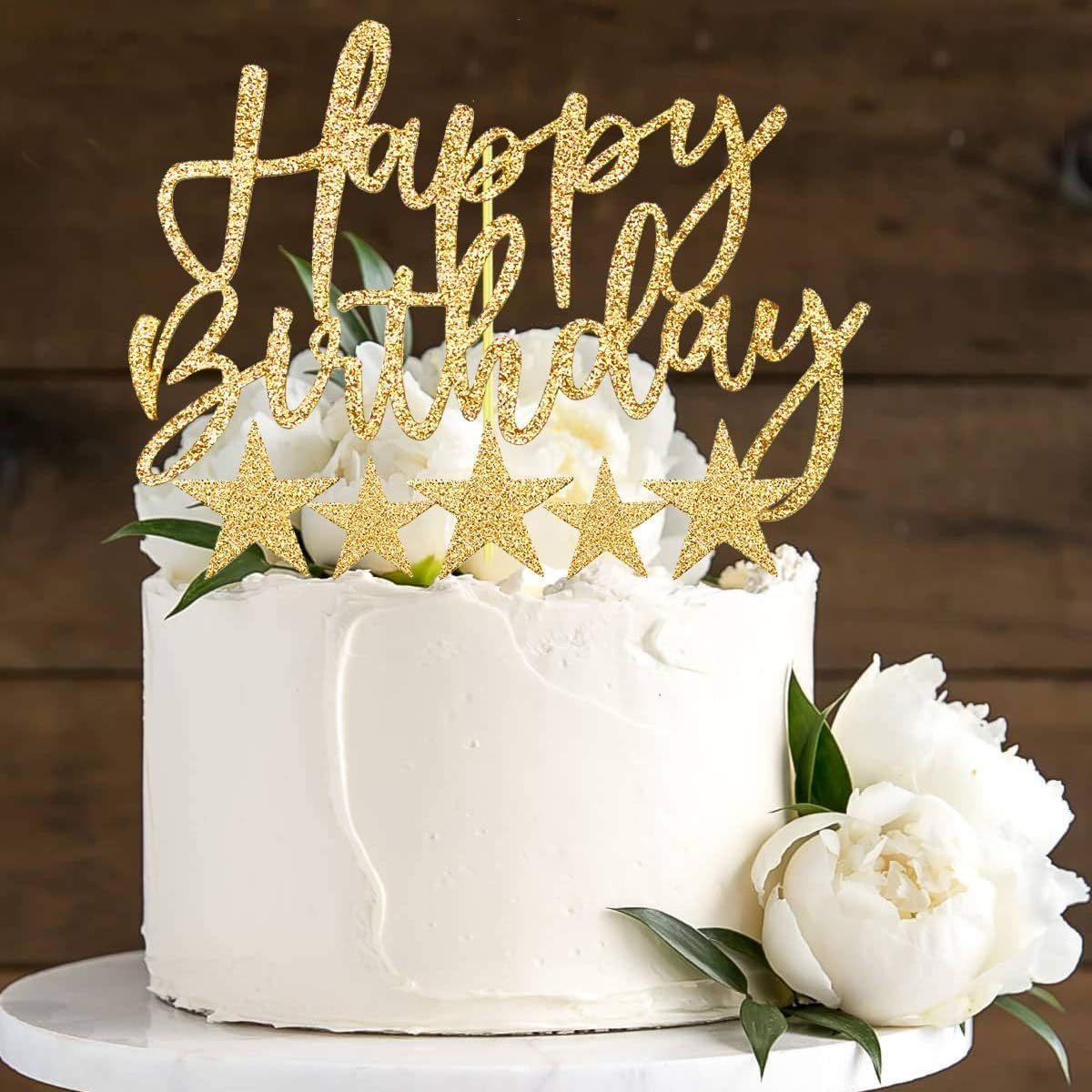 Happy Birthday Cake Topper: 2 Sets Gold-Themed (With Birthday Sign, Star Sign). Ideal for Men, Boys, Women, Girls&rsquo; Birthday Parties, Hen Parties; Decorative, Fits Gold Theme Celebrations.