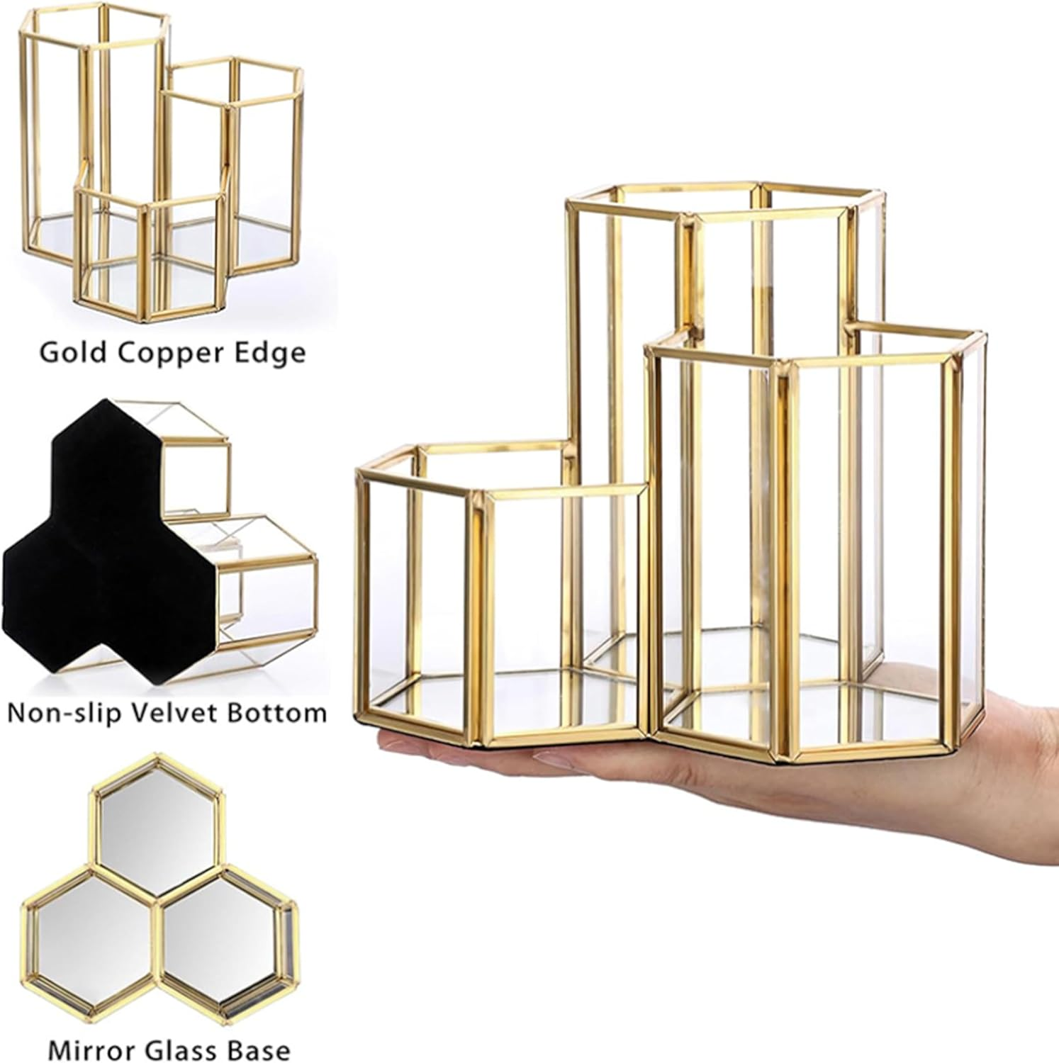 3 Compartment Gold Hexagon Glass Holder - Multipurpose Organizer for Makeup Brushes, Eyeliners & Desk Supplies | Decorative Vanity & Office Accessory image number 4