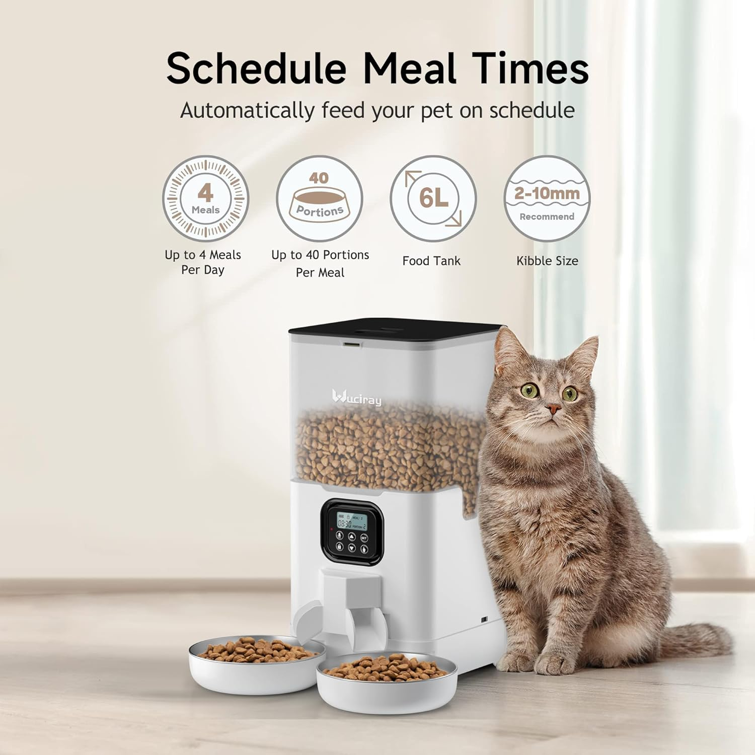 Wuciray Automatic Cat Feeder 6L, Double Pet Feeder with 2 Stainless Steel Bowls, 4 Meals per Day, 10S Voice Recorder, Timed Cat Food Dispenser with Memory Function, Lock Lid and Desiccant Bag(White) - Black image number 5