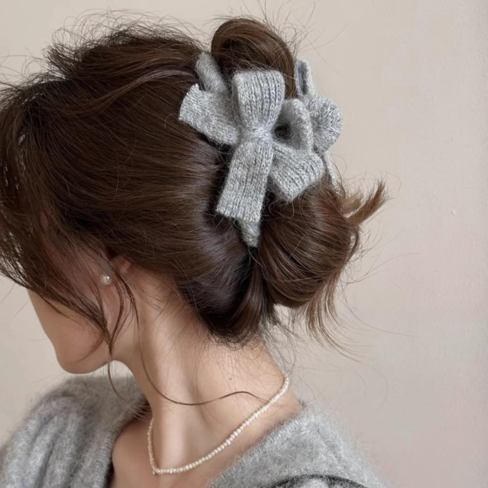 Resweky Hair Barrettes Bowknot Winter Wool Yarn Hair Clips Cute Hair Clips for Women Girls Gray image number 4