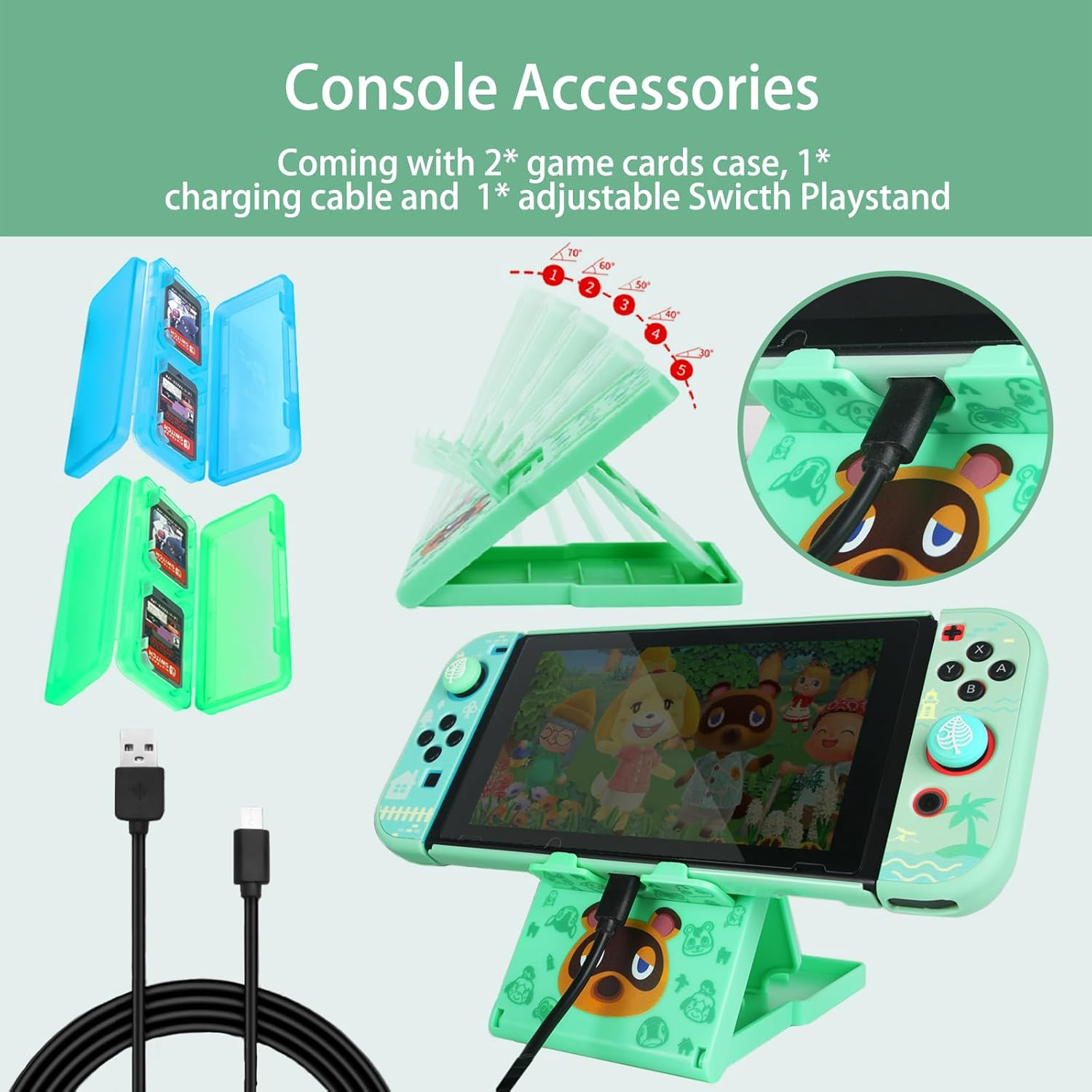 Tikodirect Carrying Case for Nintendo Switch, Cute Portable Travel Bag Accessories with Protective Case, Screen Protectors, Stand, Game Card Case and Thumb Grip Caps[Keychain Gift], Animal Crossing image number 5
