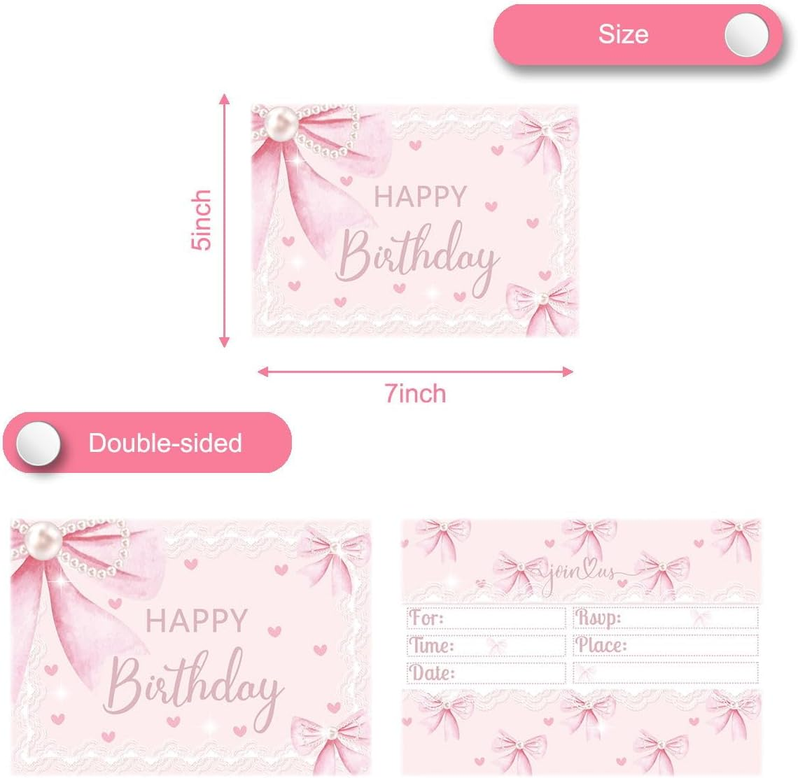 OUSHISS 24Pcs Pink Bow Birthday Party Invitation Cards, Pink Bow Coquette Birthday Party Supplies, Bow Kids Party Decoration Supplies image number 4