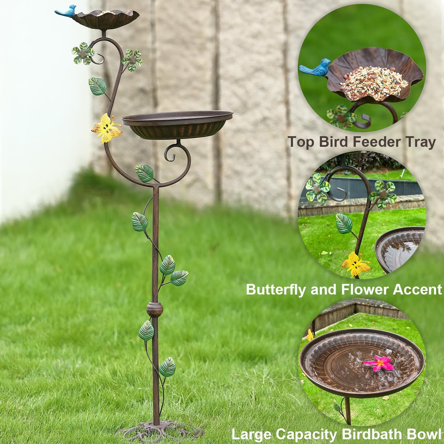 Metal Bird Baths for Outdoors, 44" Height Cast Iron Pedestal Bird Bath and Feeder, Vintage Sturdy Heavy Duty Birdbath Bowl, Tall Floral Accents Birdbaths for Garden Yard Patio Porch Decor image number 3