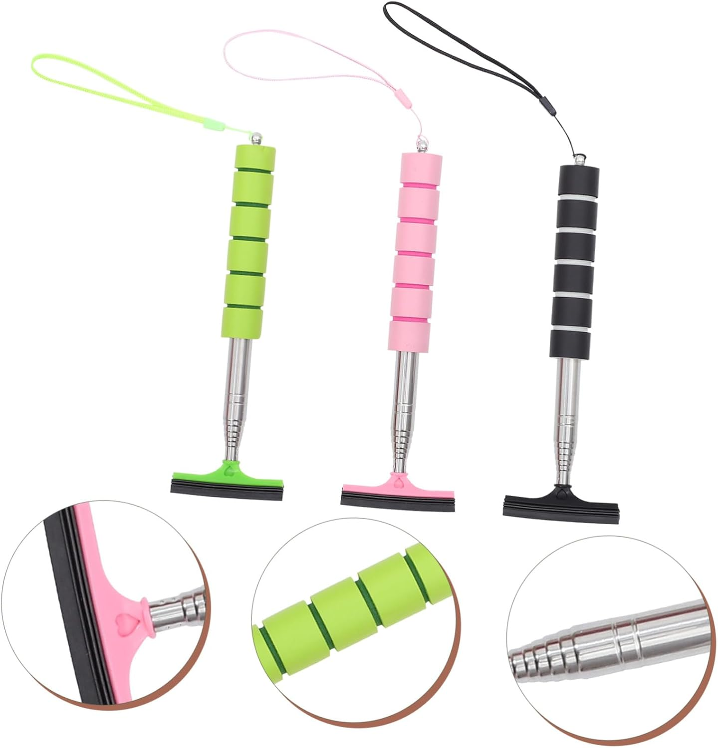HORIALENCE Car Windscreen Cleaner Squeegee 3Pcs Set Retractable Rearview Mirror Window Cleaner Tool for Automotive Glass Exterior Care in Black, Green, and Pink image number 2