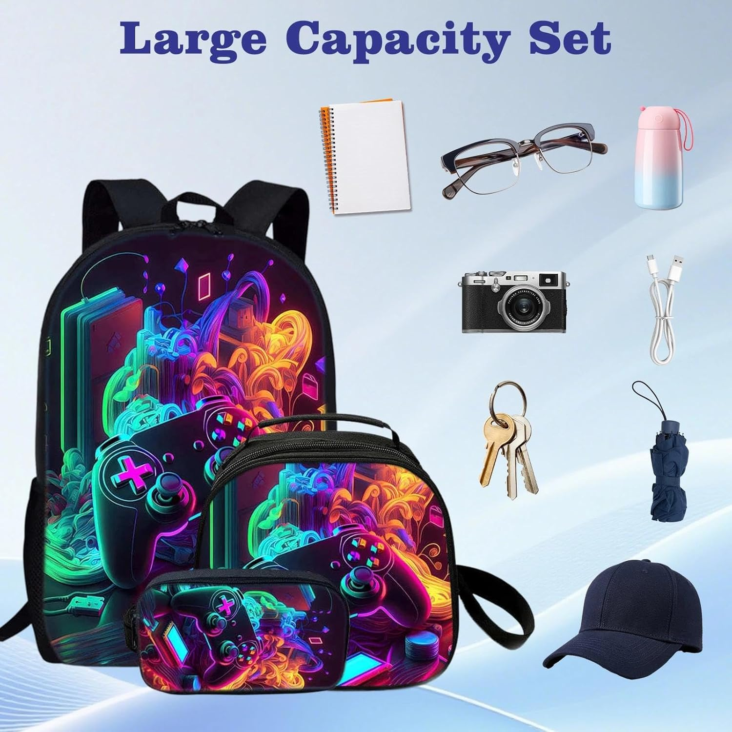 Fakcrkun Gaming Backpack for Boys, 3 Pcs Gaming Themed School Backpack Set with Lunch Bag & Pencil Case,Large Capacity School Bag Waterproof Lightweight Laptop Backpacks for Teenagers & Students image number 3