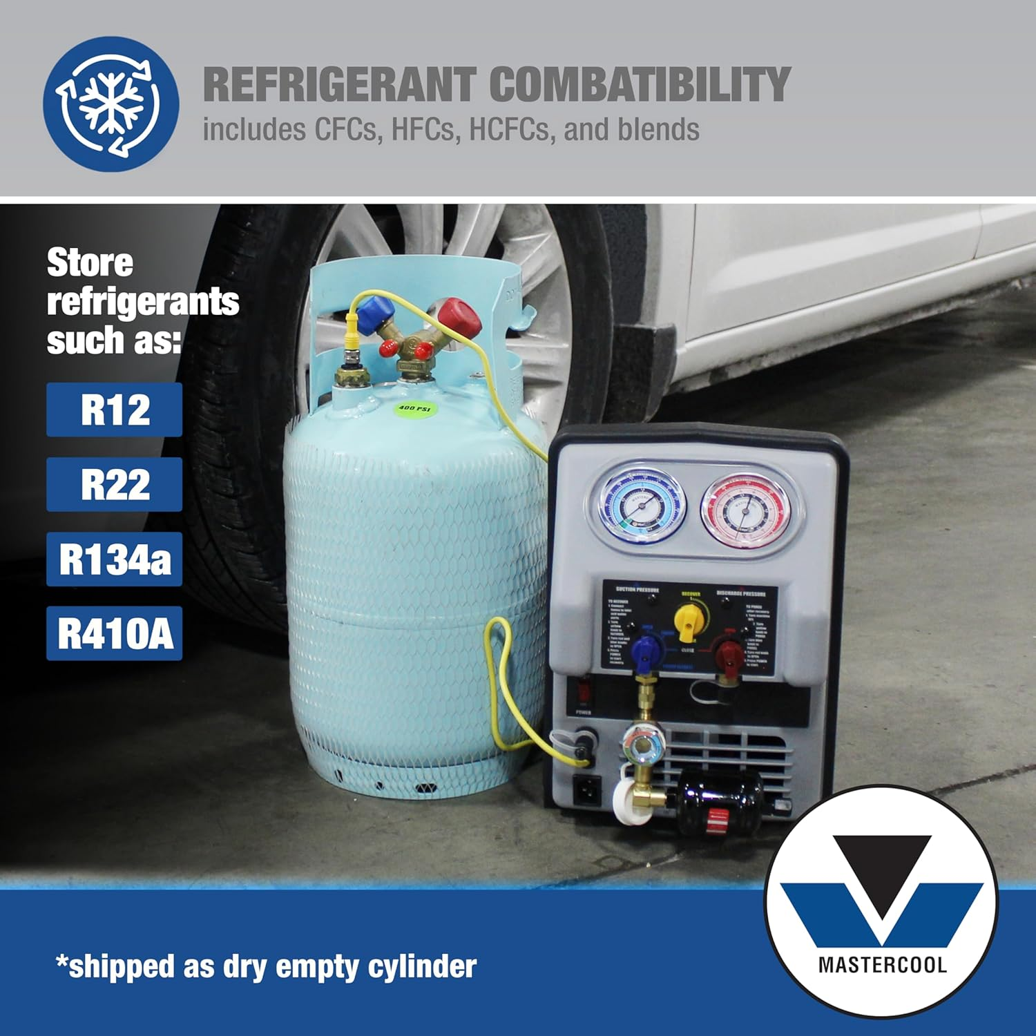 Mastercool 67010 30 Lb Refrigerant Recovery Cylinder with Float Switch, Dot-Approved, 1/2" Acme Connections, HP295 Steel, Blue (No Refrigerant Included) image number 4