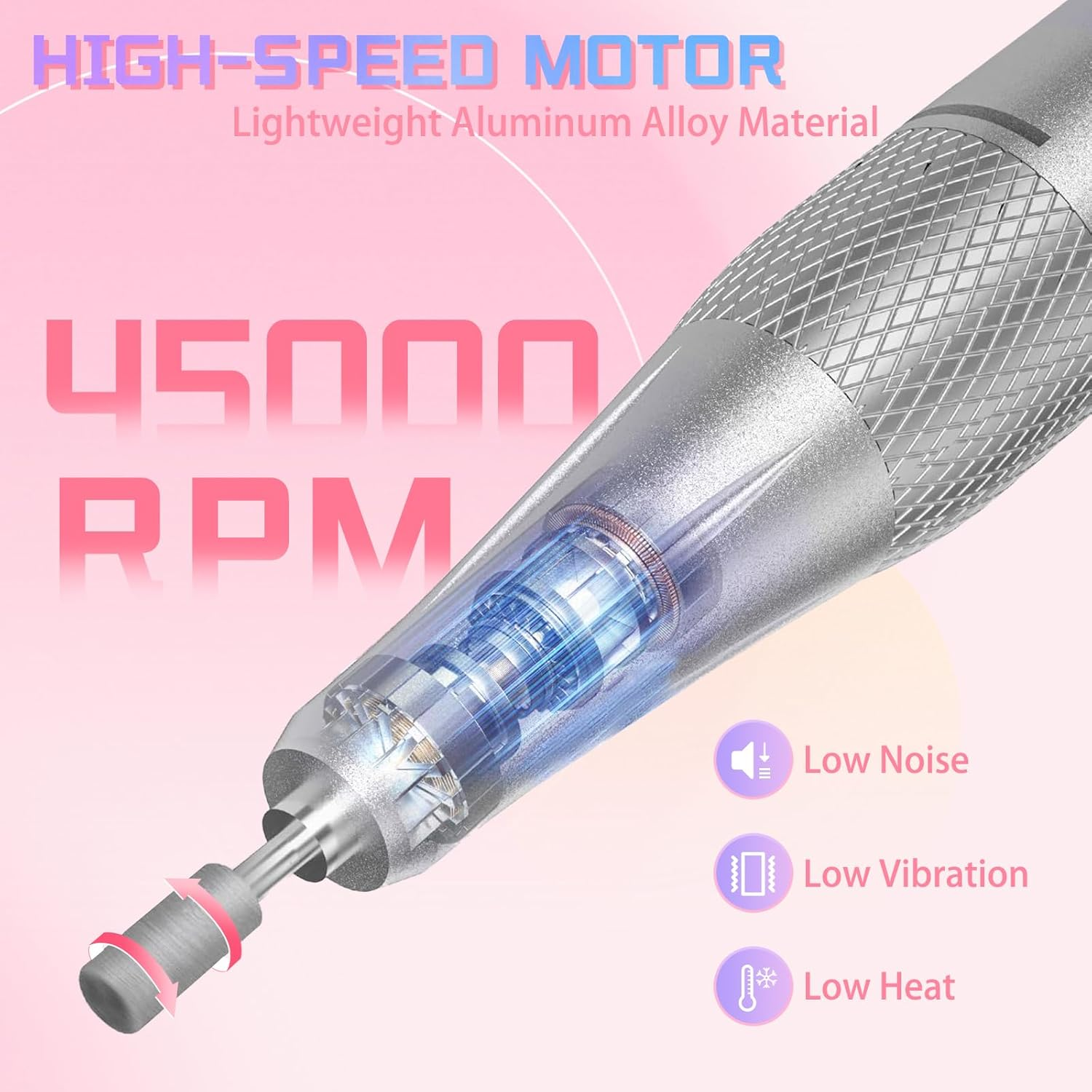 Nail Drill Portable Electric Nail File 45000RPM Rechargeable Nail Drill Professional with Bits & Base for Acrylic Gel Nails E File Machine Manicure Polishing for Salon Home image number 2
