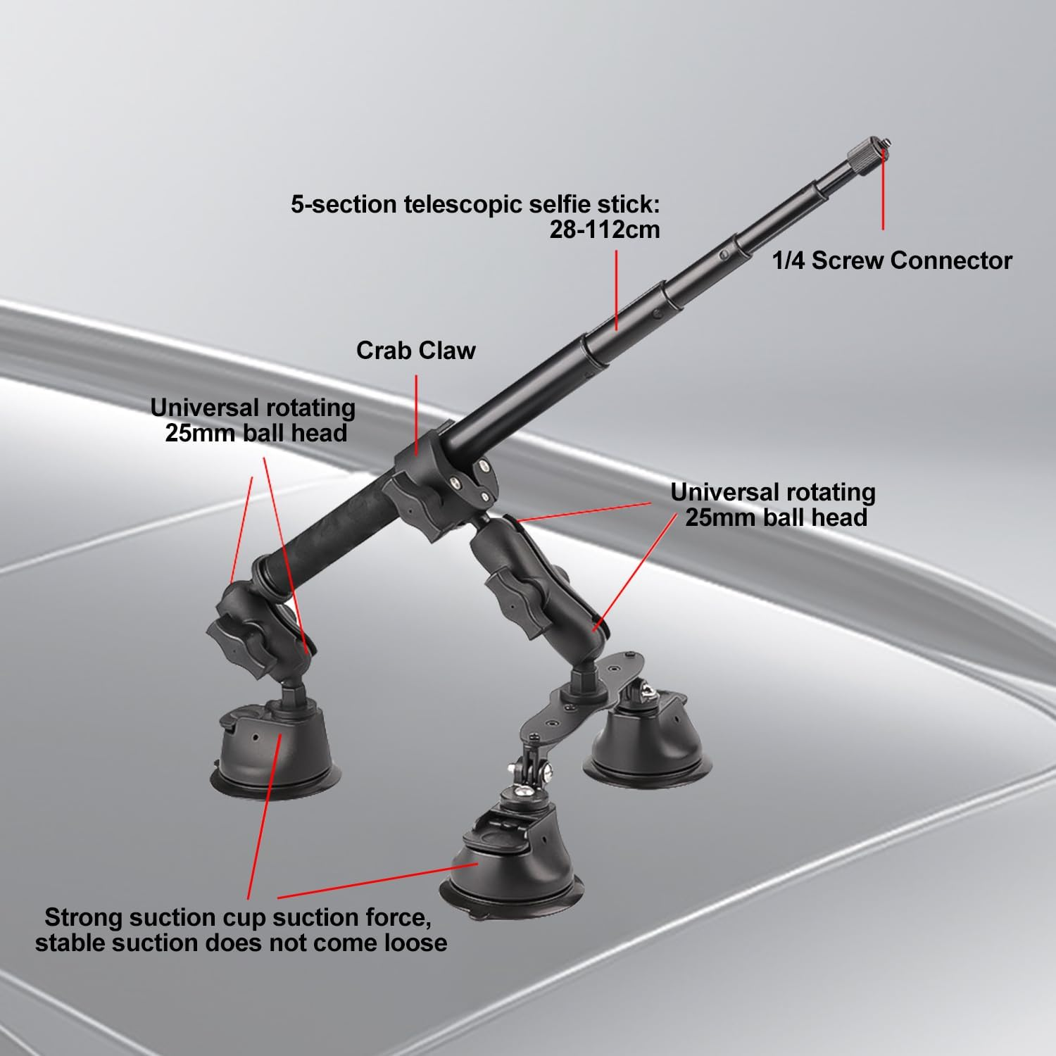 HOOMFIT Triple Suction Cup Car Mount Kit for Insta360 X4/X3 with Telescopic Pole, Can Be Mounted on the Car Window or Windshield, Compatible with Sports Camera Panoramic Shooting. image number 6