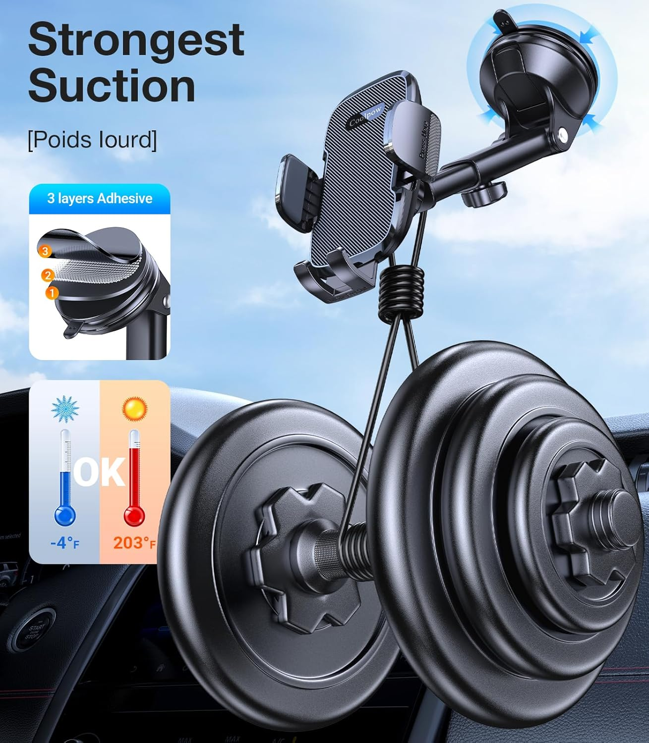 Phone Holder Car [Military Grade Suction Ultra Strong Base] Cell Phone Car Holder 3 in 1 Dashboard Windshield Air Vent image number 4