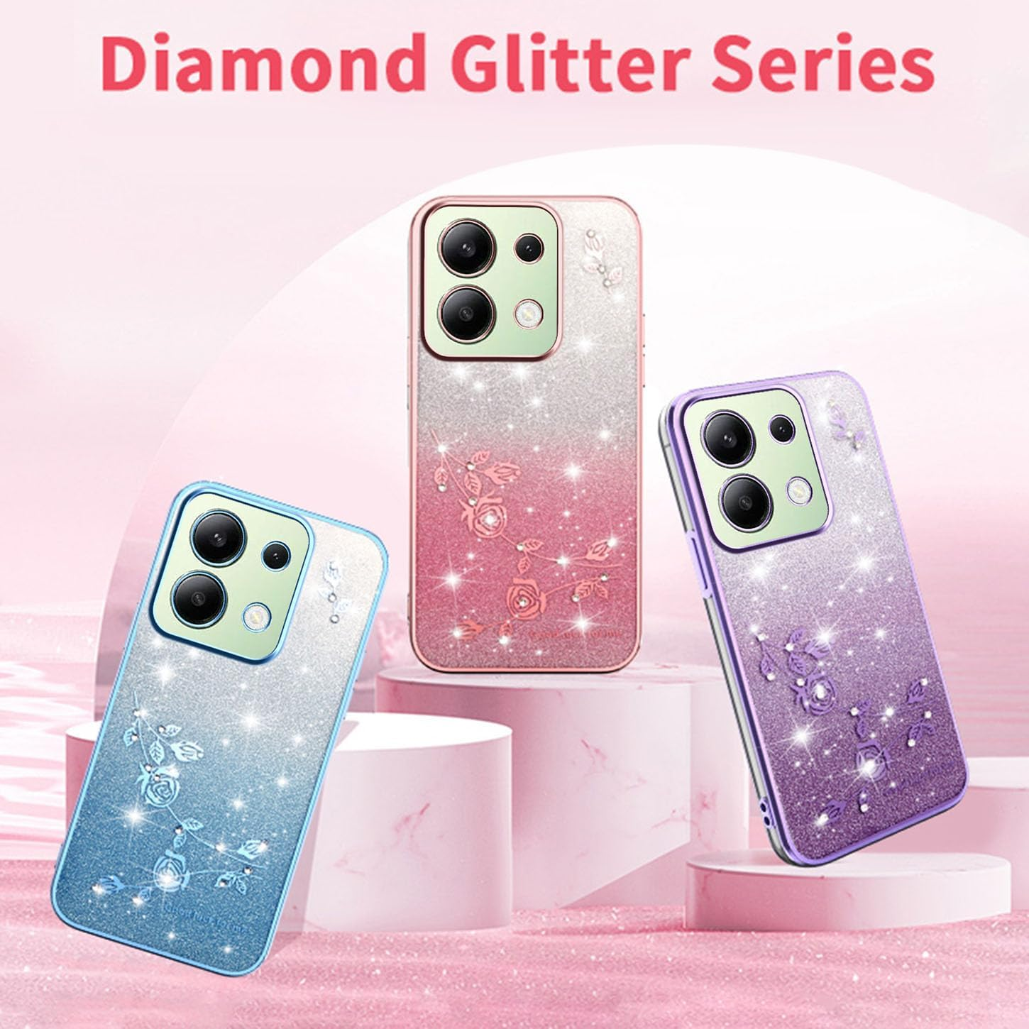 ILING Girls Case for Xiaomi Redmi Note 13 4G, Bling Gradient Color Back + Elegant Rose Pattern + Glitter Rhinestones Inlaid, Ultra Thin Soft Silicone TPU Shockproof Cover (Purple) - Pink image number 5