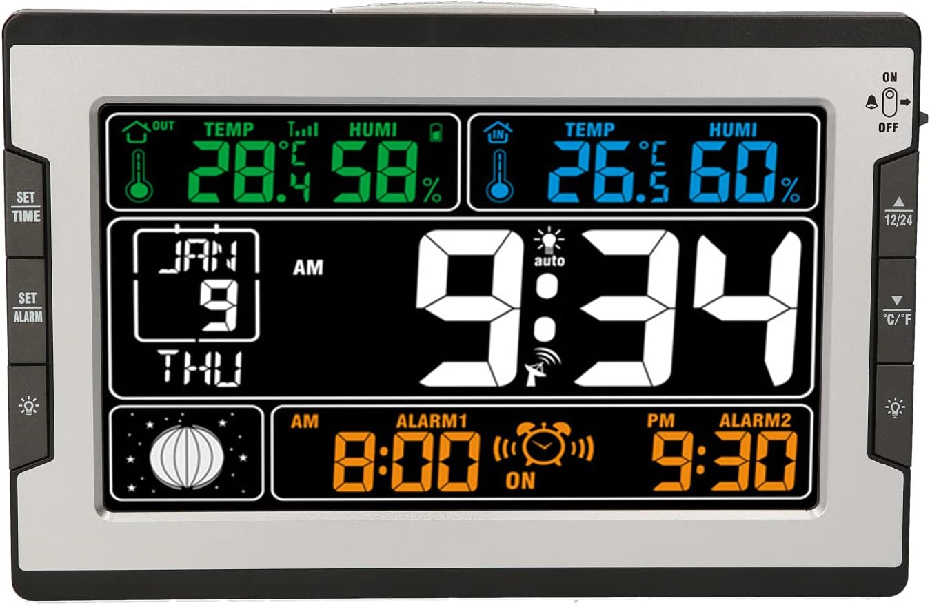 Indoor Temperature Humidity Digital Multifunctional Clock Thermo-Hygrometer with Large Color Display Backlight Perpetual Calendar Phase Alarm RF Function Table Wall Mount image number 3