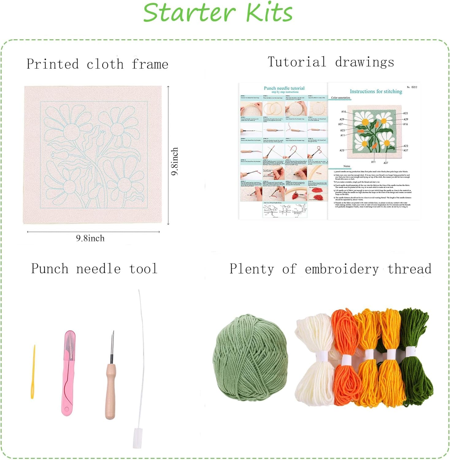 Punch Needle Kits for Beginners,Sunny Lovely White Flowers and Green Background，With Hoop Embroidery Punch Needle Starter Craft Set for Suitable as a Holiday Present for Adults