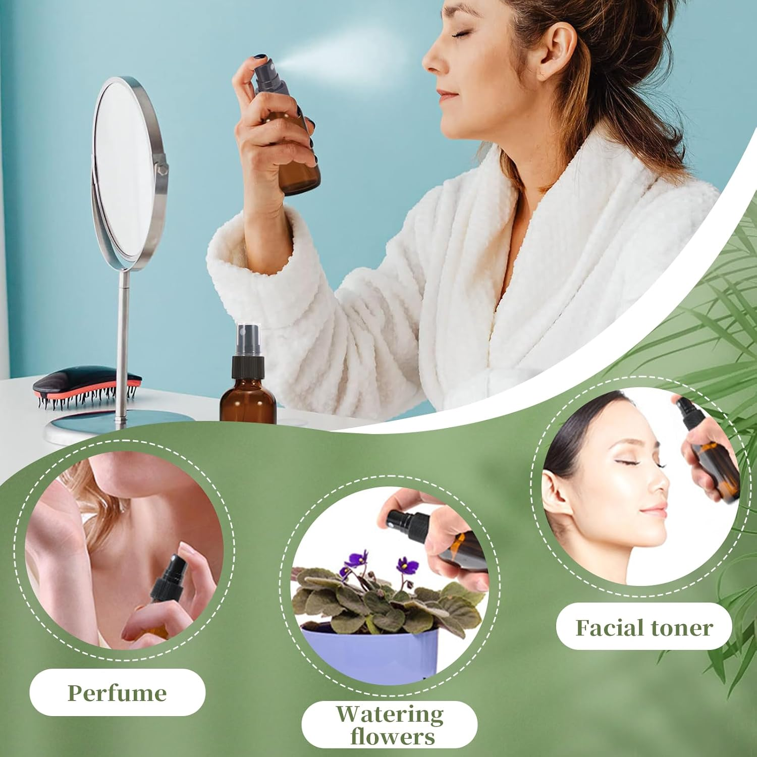 5 Pack Empty Amber Glass Bottles with Fine Mist Sprayer & Dust Cap, 50/100Ml Spray Roller Bottles, Refillable Glass Spray Bottles Containers for Essential Oil, Plants Water Cleaning Liquid (100ML)