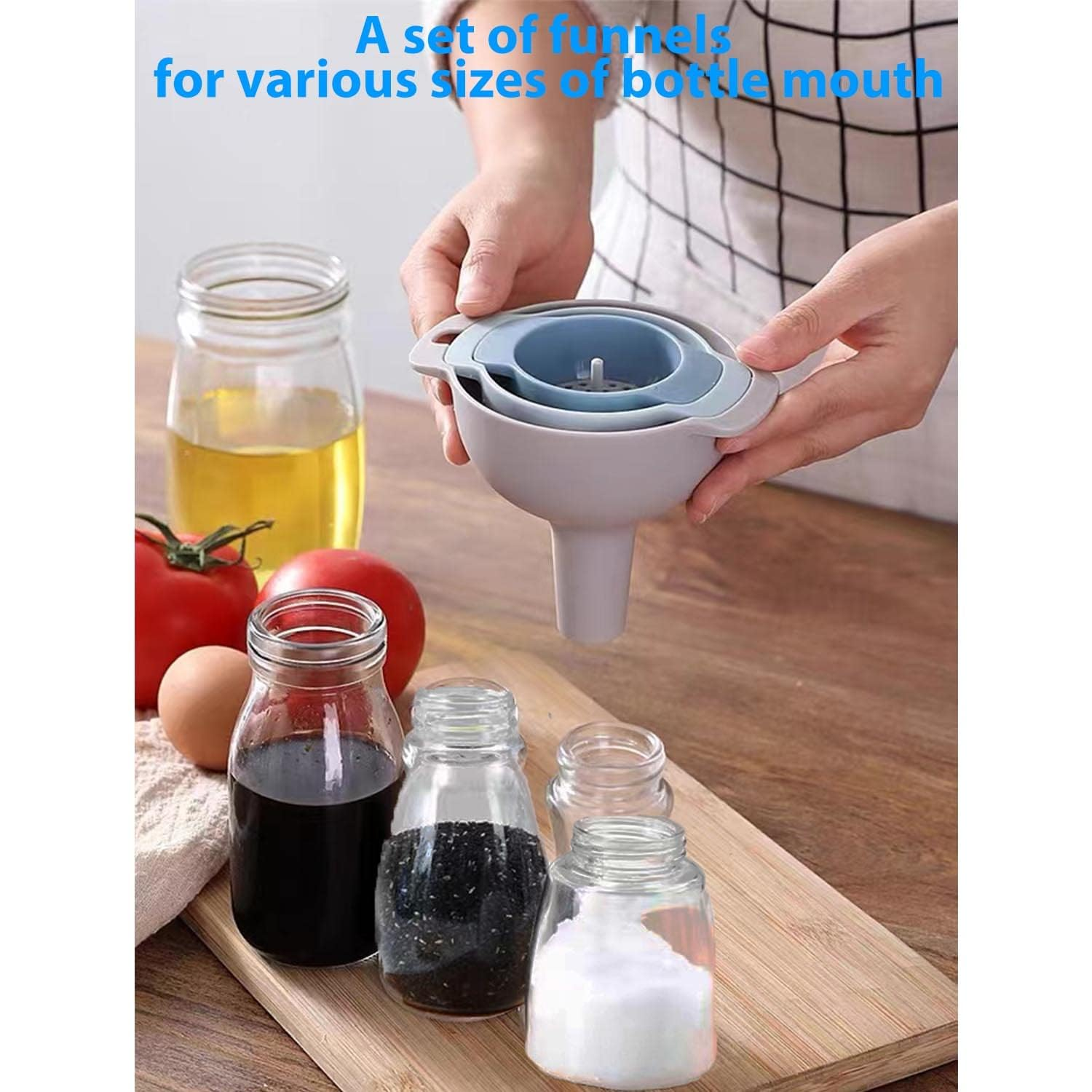 Taicols 4 Pcs Plastic Funnel, Kitchen Funnel with Detachable Strainer Filter, Large Wide Mouth Funnel with Strainer, 4 in 1 Kitchen Funnels for Filling Bottles, Stackable Funnels for Filling Bottles image number 2