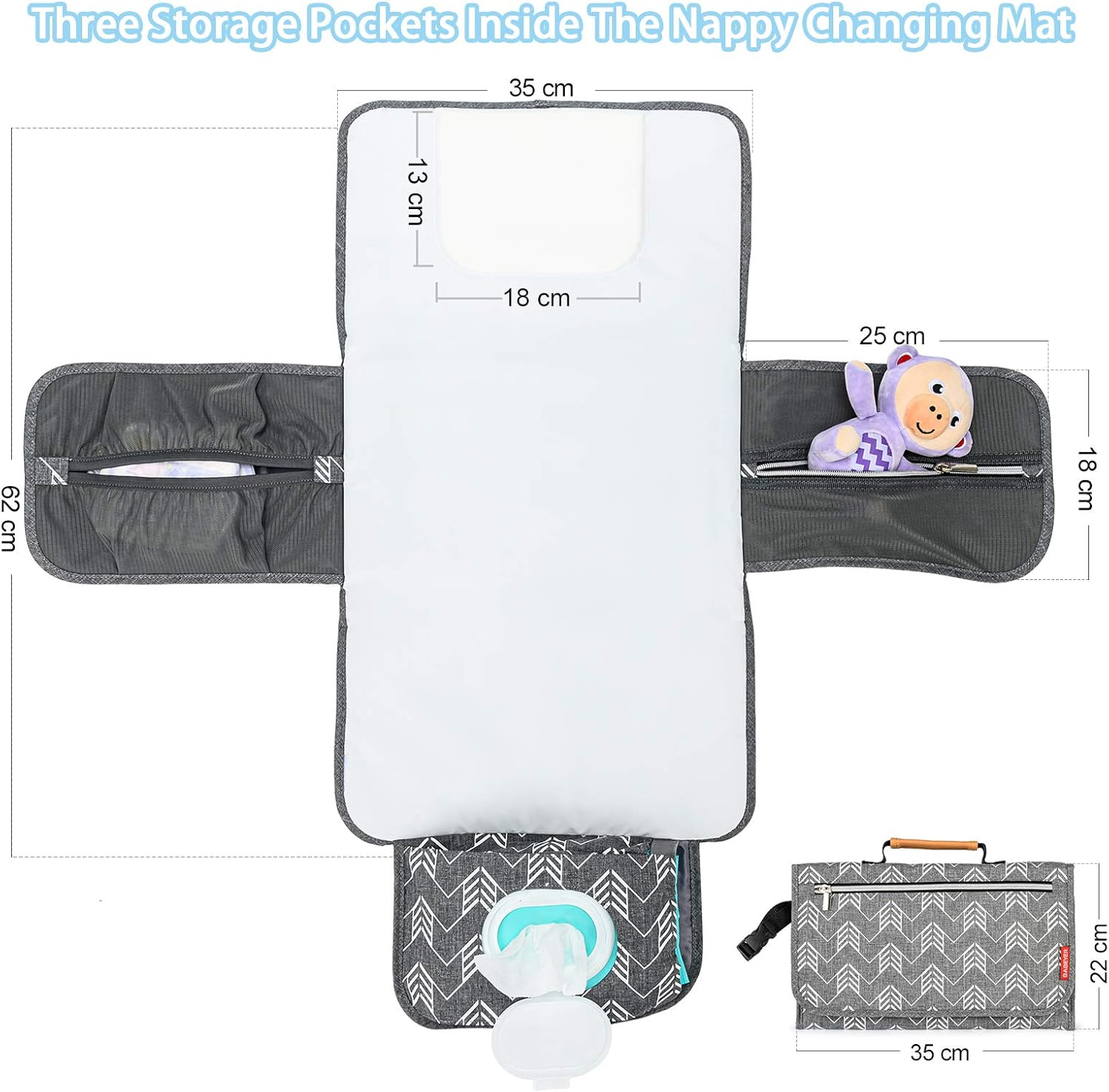 Portable Nappy Changing Mat, Baby Travel Changing Mat with Storage Pockets for Toddlers Infants & Newborns, Grey