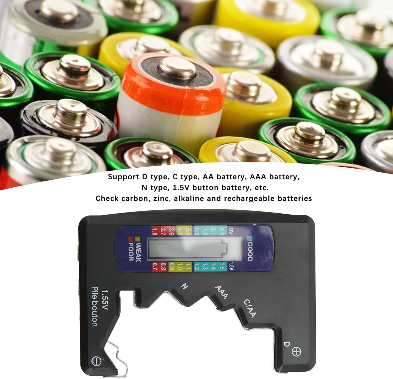 Universal Battery Tester, Professional ABS Digital Battery Capacity Meter AA AAA Battery Test (Black) image number 2