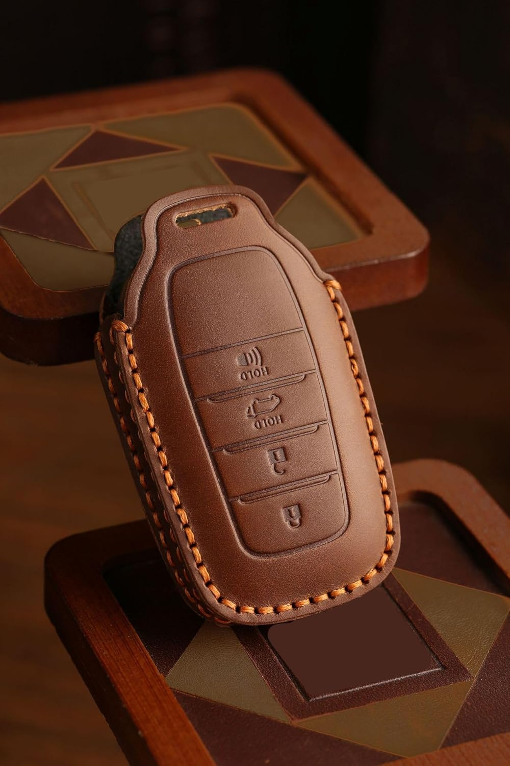 Ontto Cowhide Car Key Cover Fit for Toyota RAV4 Corolla Hilux Landcruiser Prado Camry Yaris Cross Highlander Key Holder Leather Case Keyring Keychain Smart Shell Accessories 3 Buttons Brown - 2 Buttons-Black image number 4