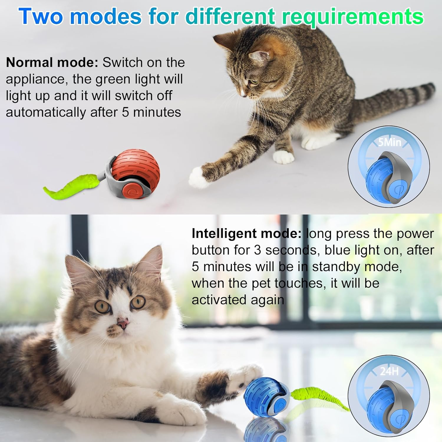 Wenosda Interactive Cat Toy Ball, 2Pcs Rechargeable Cat-Balls, Dog Automatic Electric Moving Rolling Ball, Rechargeable Smart Pet Toy with 2 Adjustment Modes (Blue +Red image number 5
