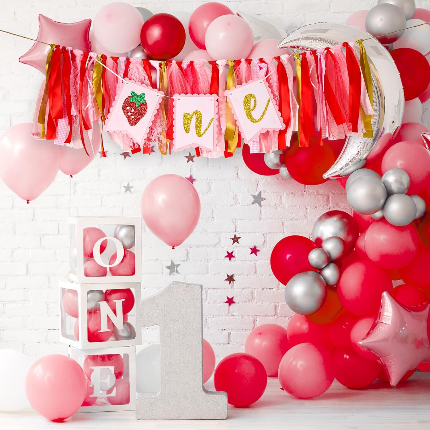 Strawberry One Birthday High Chair Banner, Cute Strawberry First Birthday Banner Sweet One High Chair Banner Strawberry First Birthday Decorations Photo Prop for Kids image number 3