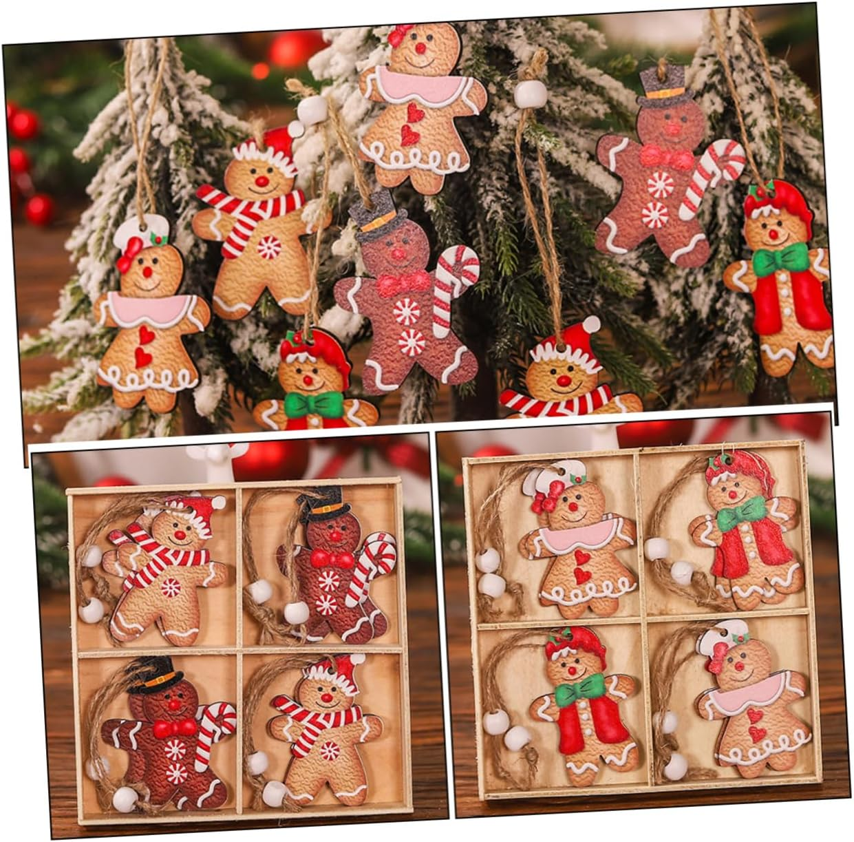 2 Boxes Gingerbread Man Wooden Hanging Ornament Xmas Tree Decor Cartoon Couple Doll Pendant for Window Party Decoration Lightweight image number 2