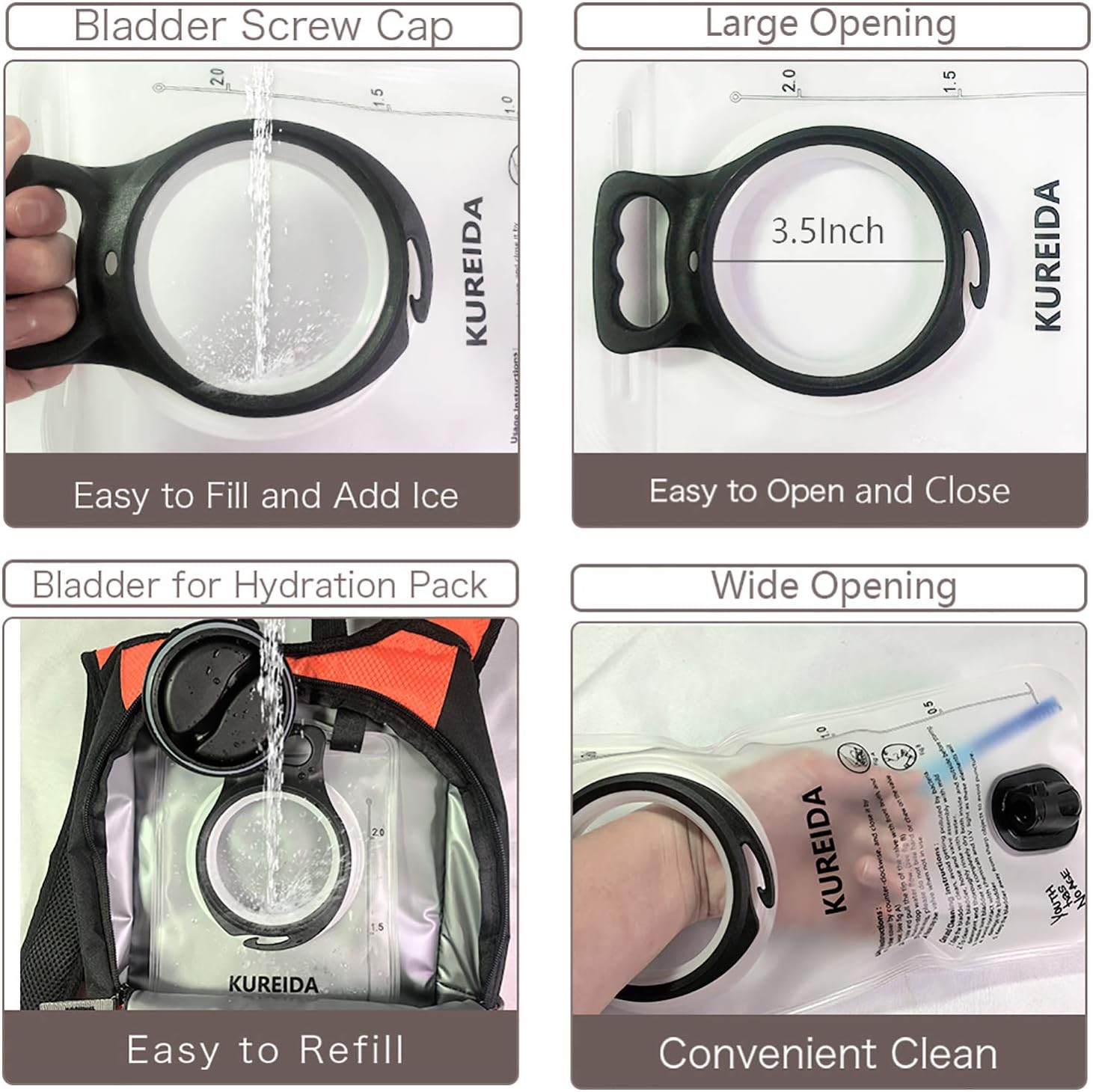 KUREIDA Hydration Bladder 2 Liter Leak Proof Water Reservoir,Bpa Free,Wide Opening, Military Water Bladder Combined with Hydration Backpacks for Biking Hiking Running Camping Climbing. image number 4