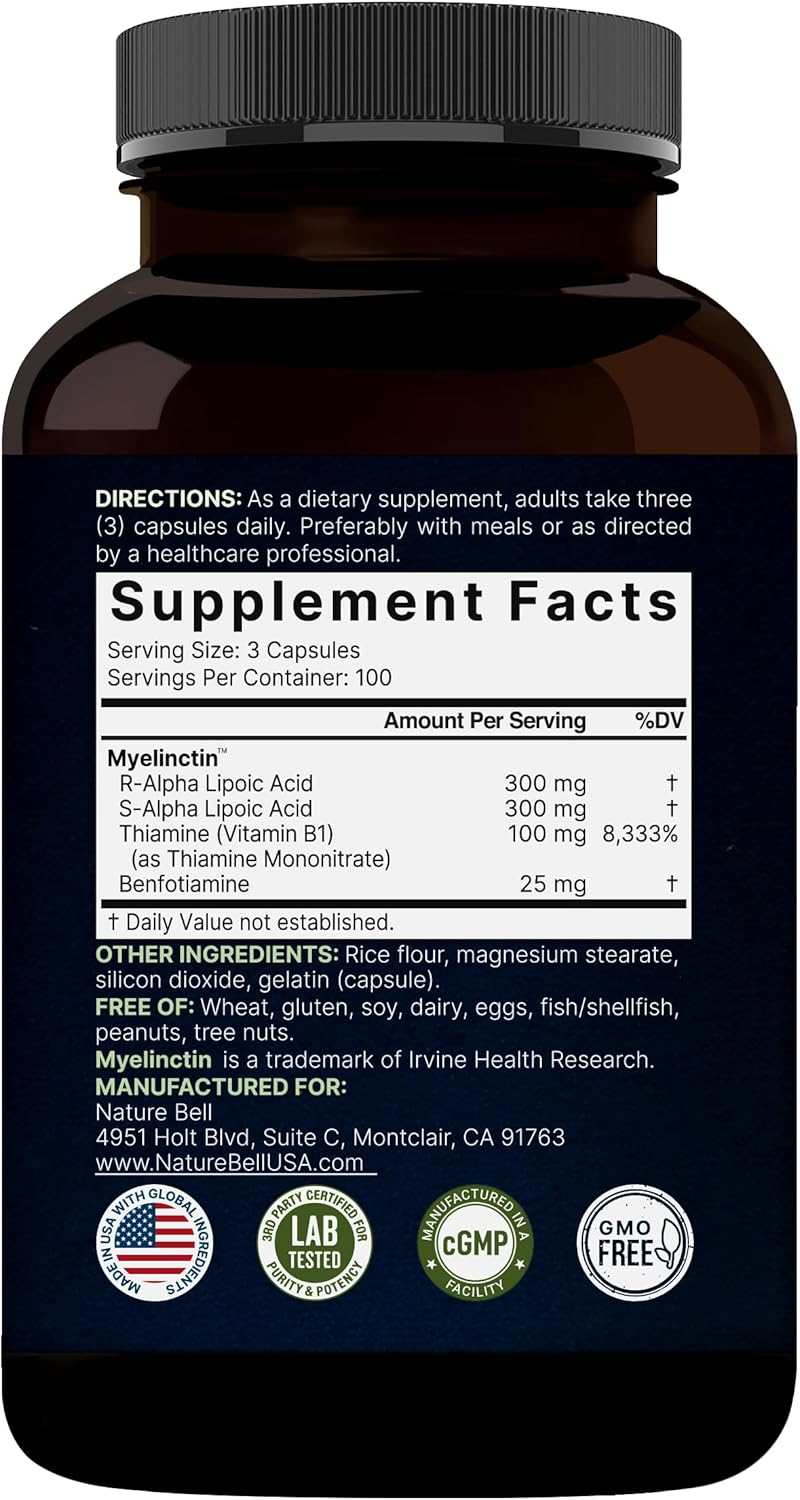 Alpha Lipoic Acid 600Mg W/ B1 Complex | 250 Capsules, 4 in 1 Myelinctin Formula, R-ALA | S-ALA | Thiamine | Benfotiamine, High Bioavailability and Potency, Third Party Tested, Non-Gmo & NO Gluten image number 1