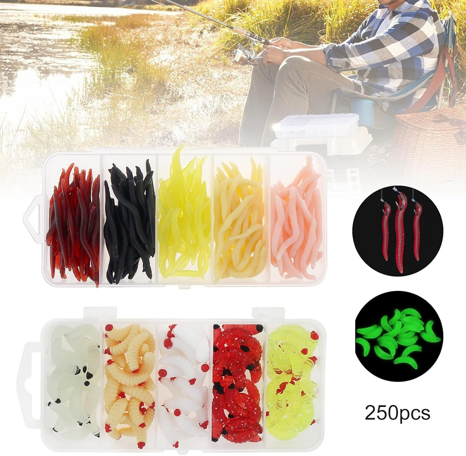 Origlam 250Pcs Soft Plastic Fishing Lures Worms Lure, Plastic Fishing Worms Fake Maggots Fake Worms Baits, Worm Bread Soft Maggots Artificial Earthworm Fishing Accessories image number 5