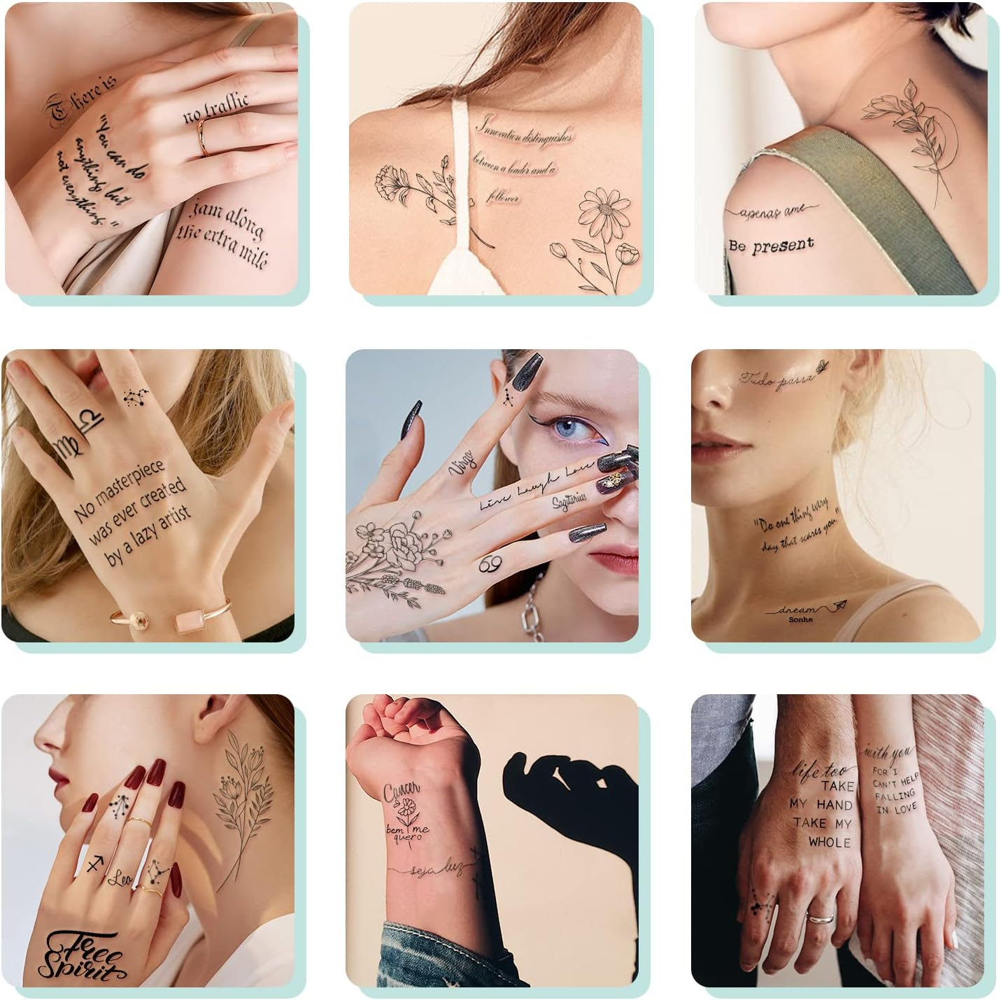 Waterproof Temporary Tattoo - 90 Sheets Realistic Fake Tattoos, 52 Sheets Inspirational Words Tattoo Stickers, 38Sheets Wild Flower Floral Rose Sunflower Bouquet Body Stickers for Adult Women Men Kids image number 4