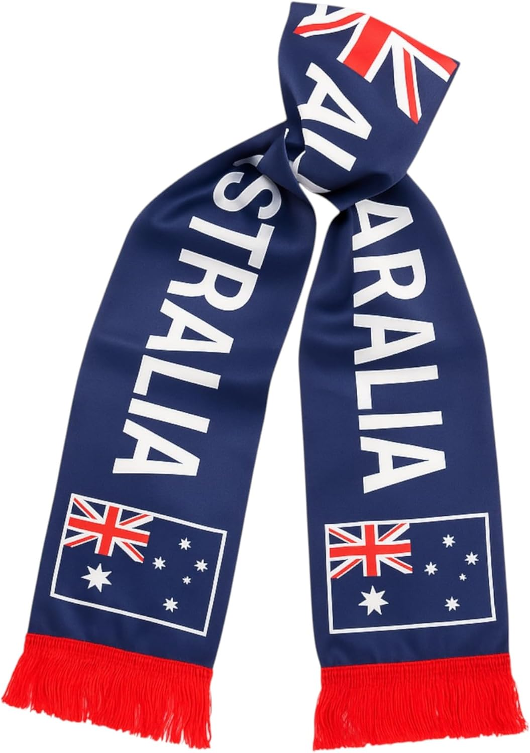 Australian Flag Scarf with Red Fringe &ndash; Blue Satin Australia Day Costume Accessory with Printed Flag and Text &ndash; Available in 1, 3, 5 or 10 Pack Sets for Events or Parties