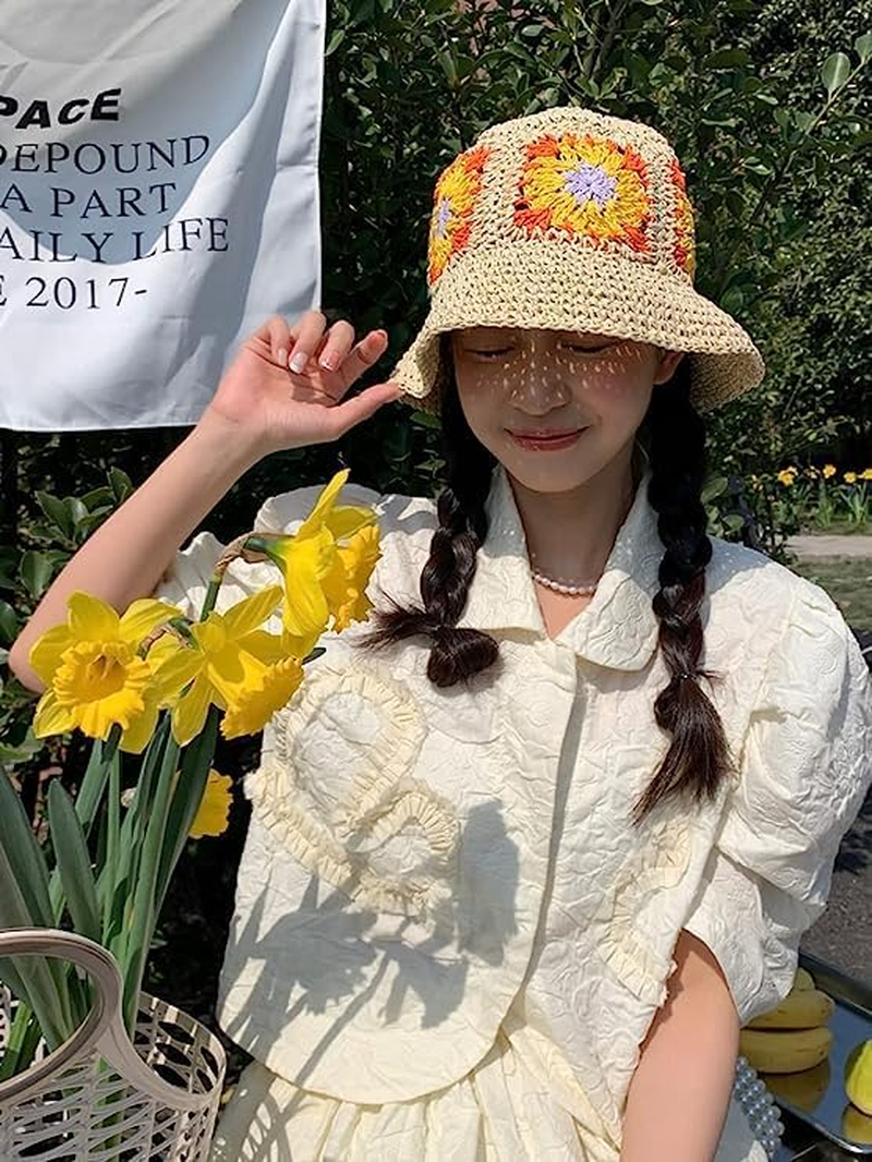 Womens Straw Sun Hat Woven Bucket Hat Floral Fishing Hat Beach Hat Foldable Cap Summer Chic Straw Chic Hat Pink image number 3