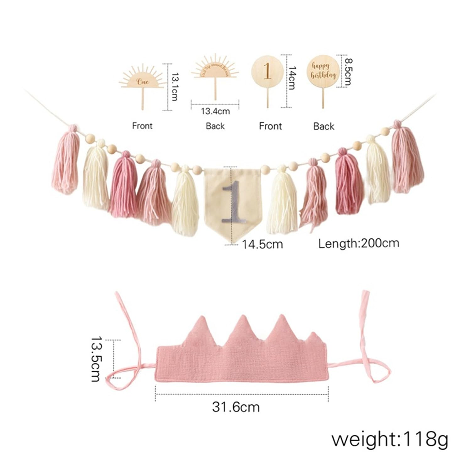 Banner for 1St Birthday, Handmade Birthday Crown, Blue and Pink Set, Birthday Crown Hat, Baby Shower Photo Props, Birthday Party Decorations Set for Baby Girl Baby Boy (Pink) image number 5