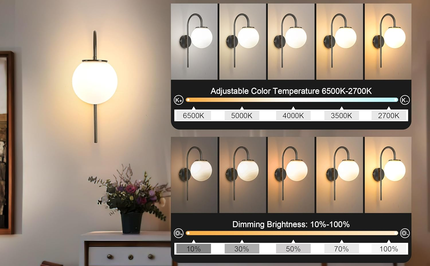 Battery Operated Wall Sconces Set of Two,White Glass round Lampshadewireless Wall Lights Fixtures with Remote Control,6 RGB Color Dimmable,(With Bulbs+Remote Control+Charging Cable) - Black image number 5