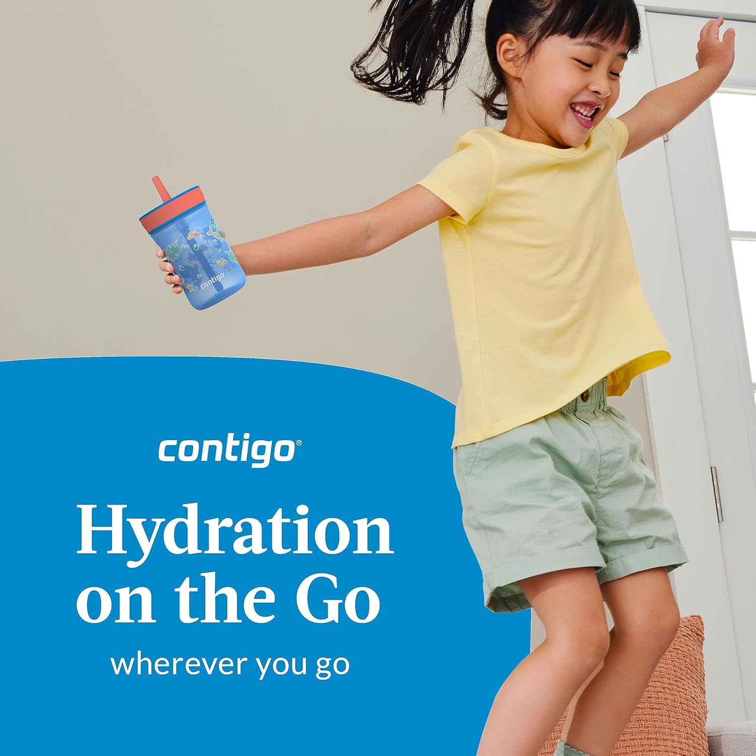 Contigo Leighton Kids Plastic Water Bottle, 14Oz Spill-Proof Tumbler with Straw for Kids, Dishwasher Safe, Blue Poppy/Narwhals image number 2