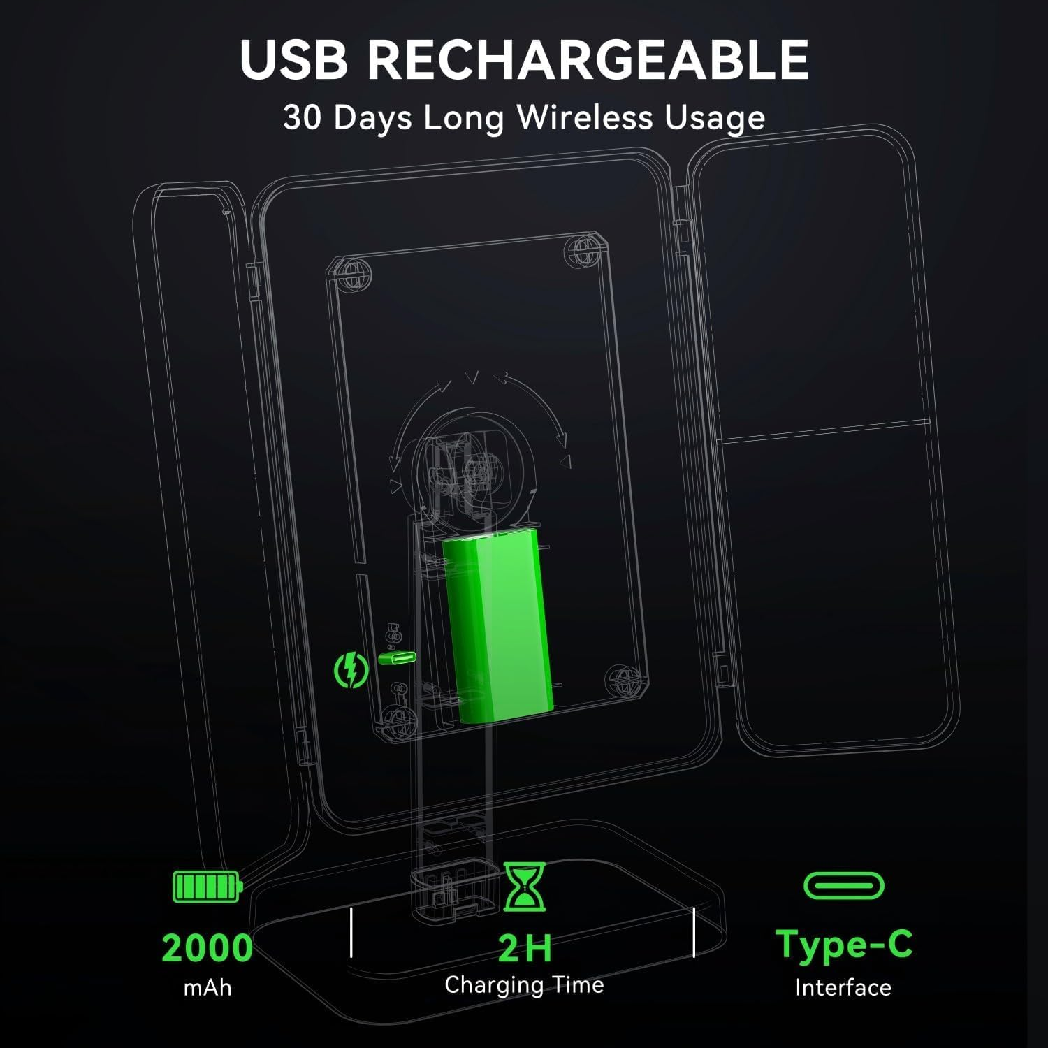 Vanity Makeup Mirror with 52 LED Lights, 3X/2X/1X Rechargeable Magnifying Mirror, Touch Screen Stepless Dimmable Color Adjustable Trifold Mirrors, 90&deg; Rotation Portable Cosmetic Vanity Mirrors image number 5