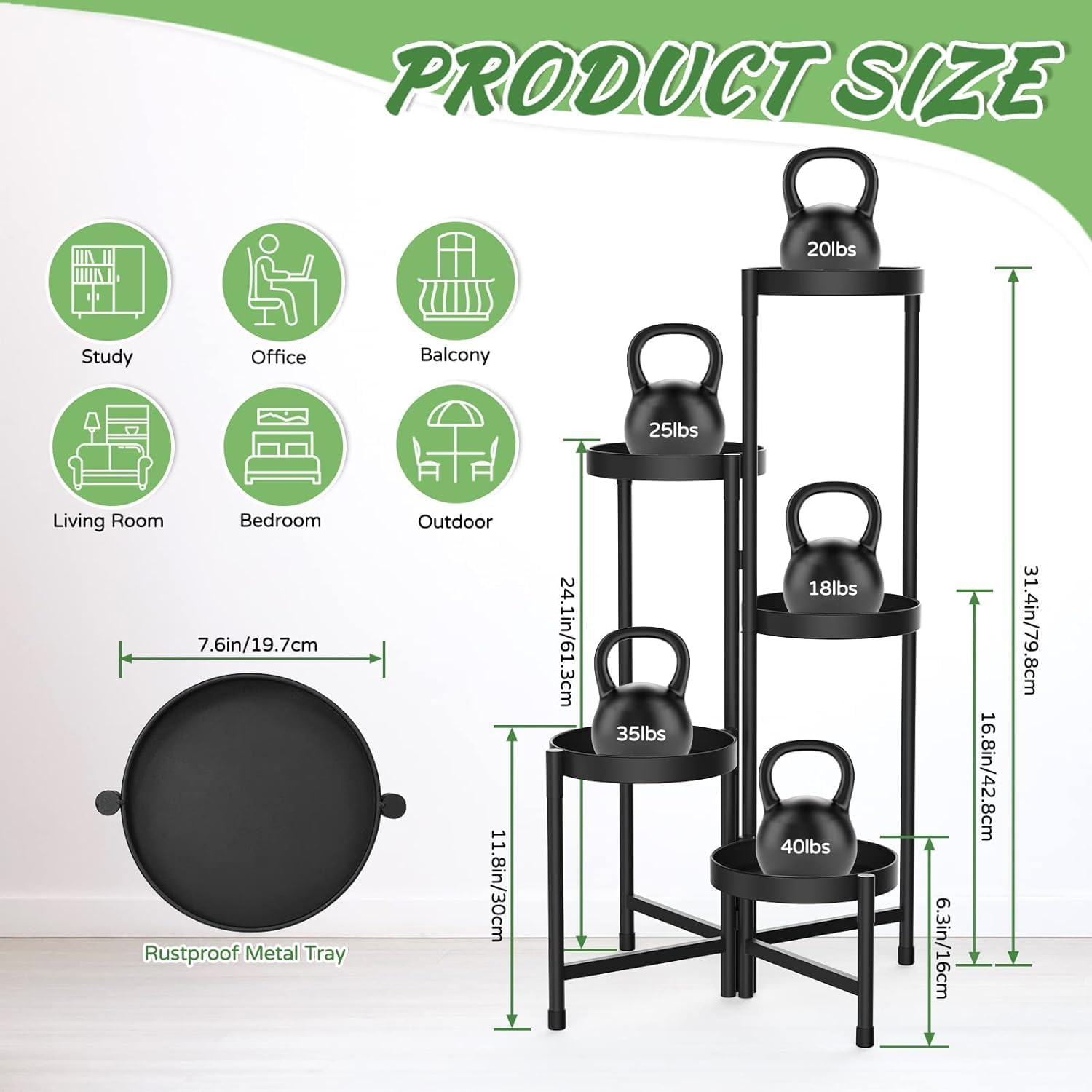 5 Tier Metal Plant Stand for Indoor Outdoor, Foldable Corner Tall Plant Shelf, Rustproof Flower Pot Holder Display Stand for Living Room Balcony Garden Patio (Black) image number 5