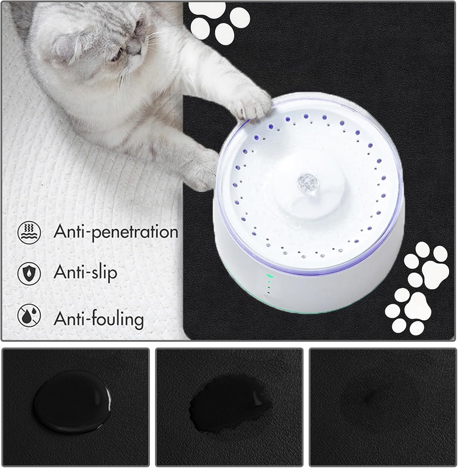 Bowl Mat Dog and Cat, Pack of 2 60 X 40 Cm Non-Slip Bowl Mat, Super Absorbent Dog Bowl Mat, Cat Feeding Mat with Paw Pattern, Waterproof Feeding Mat for Pets (Black) image number 5