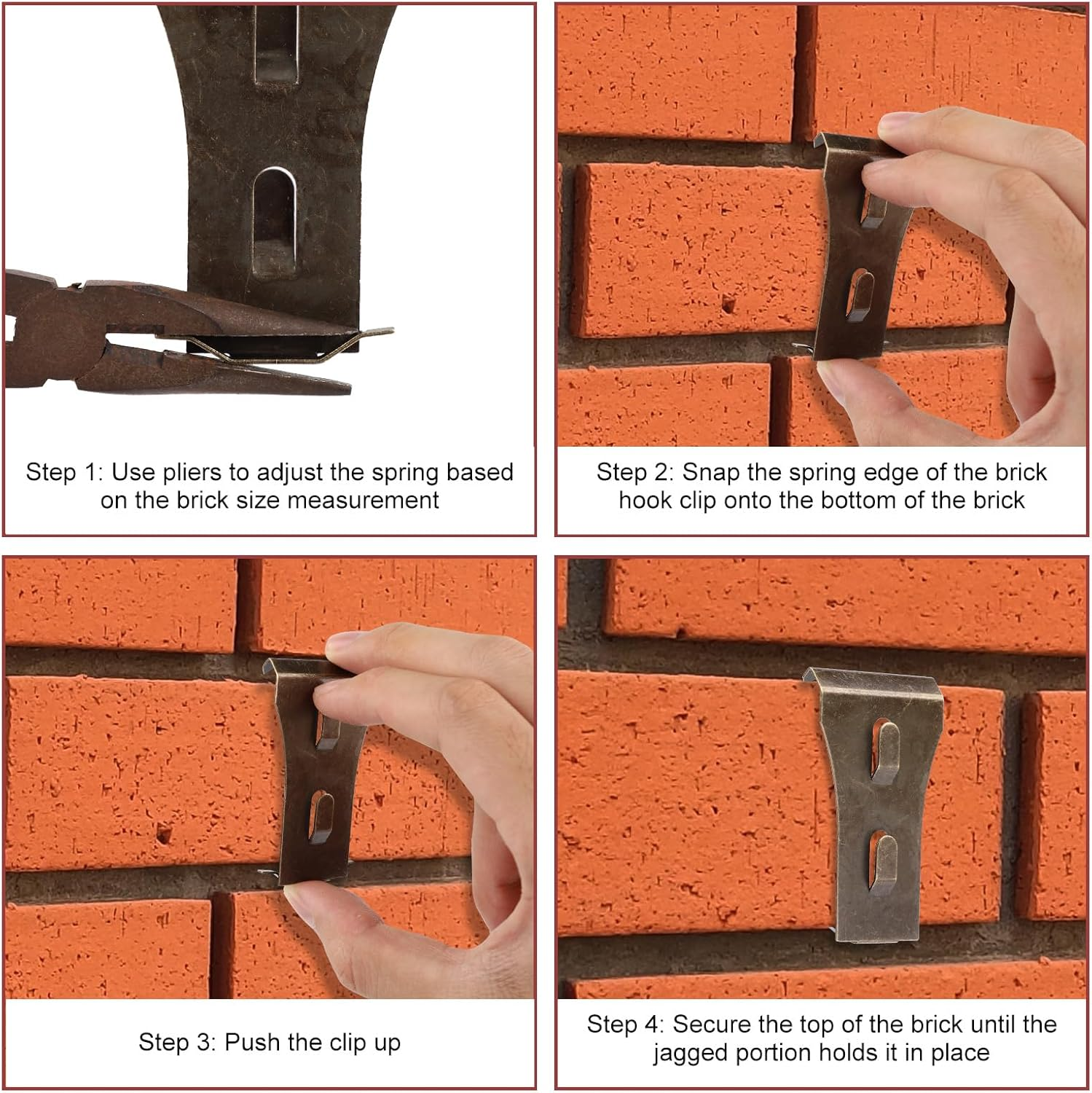 10Pcs Bronze Steel Brick Hook Clips, Heavy Duty Wall Hooks, No Drill, Fits 2.25-2.45 Inch High Bricks, Hanger for Pictures Lights Wreaths