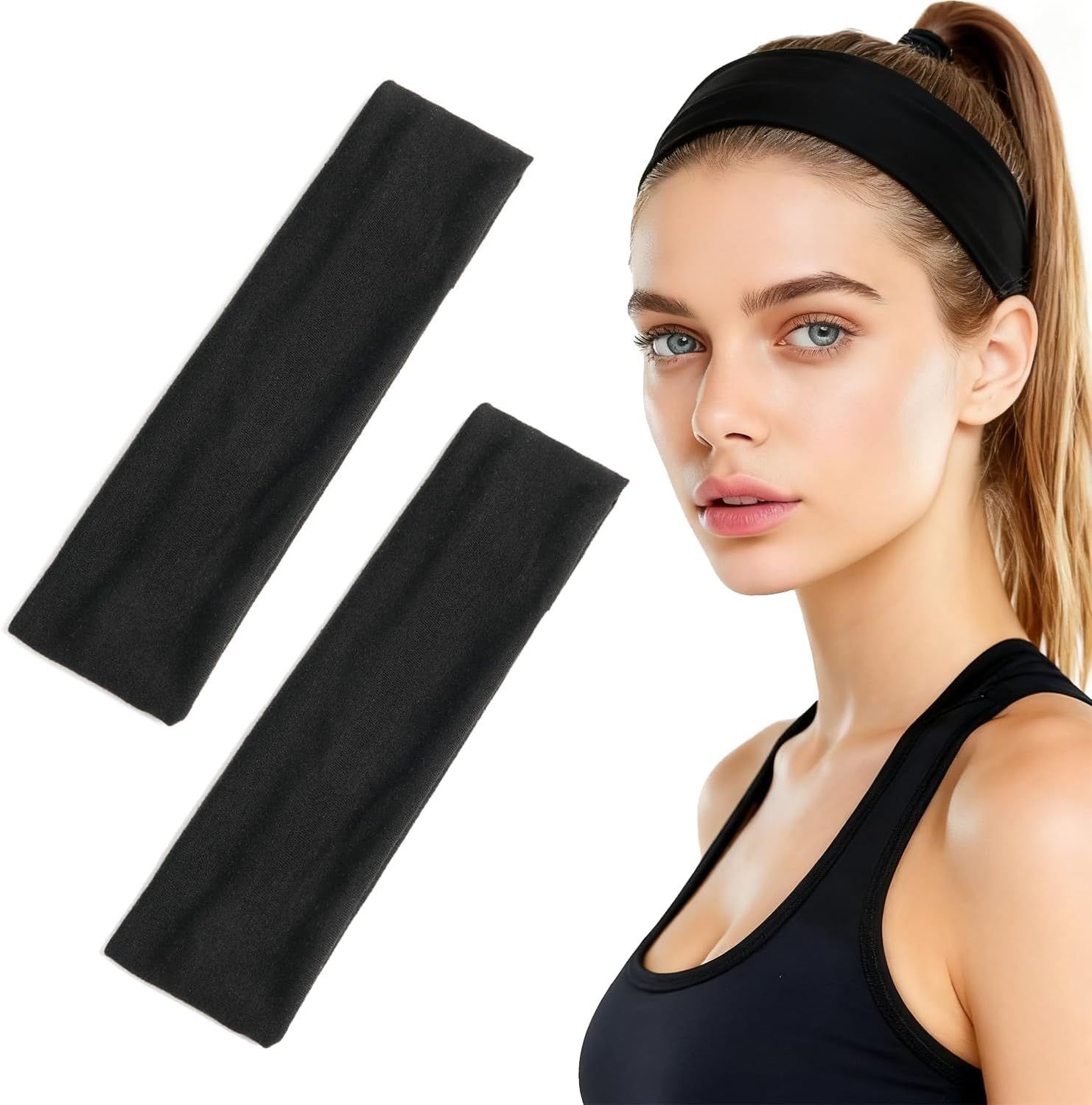 Norhogo 2 X Stretchy Women'S Headband, Black Sports Headband, Elastic Non-Slip Hair Bands, Wide Headband for Yoga, Exercise, Sports, Cycling image number 3